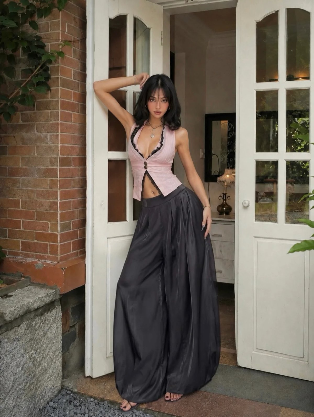 Sugar Crush Ribbon High-Waisted Wide-Leg Pants