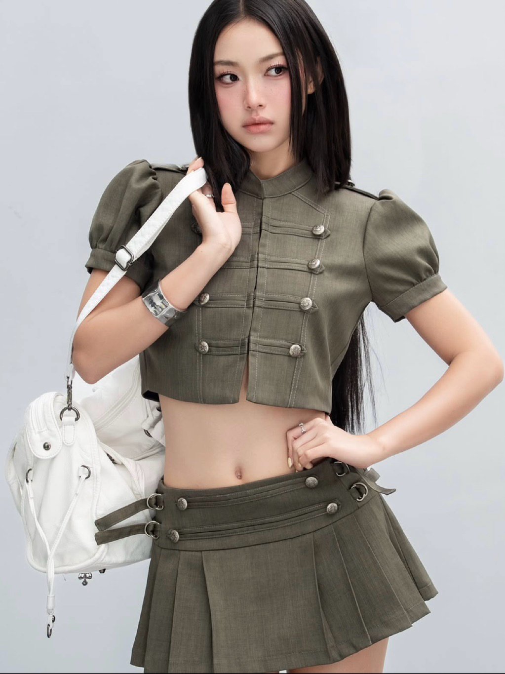 Ladyqueen Army X Set Military Style Cropped Top and Pleated Skirt