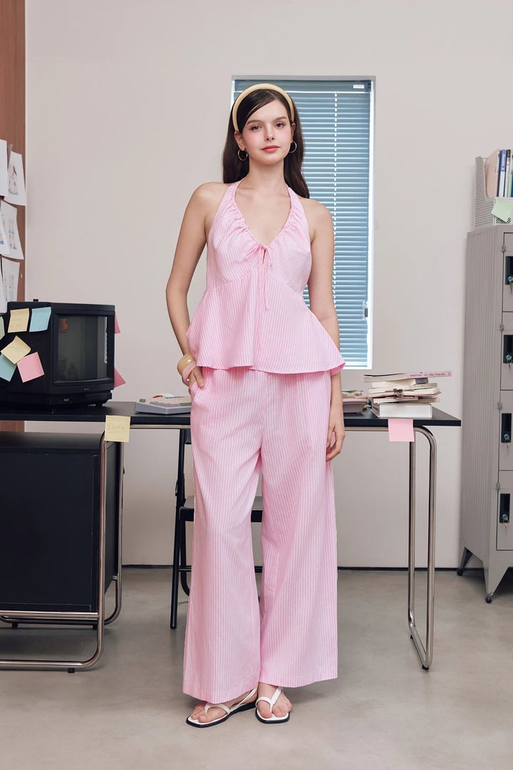 DOTTIE 粉色條紋滾邊長褲