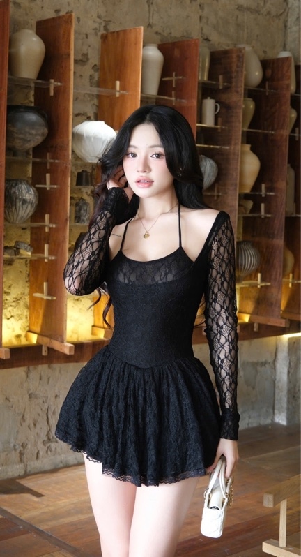 THAOBIBI Long Sleeve Lace Camisole Dress