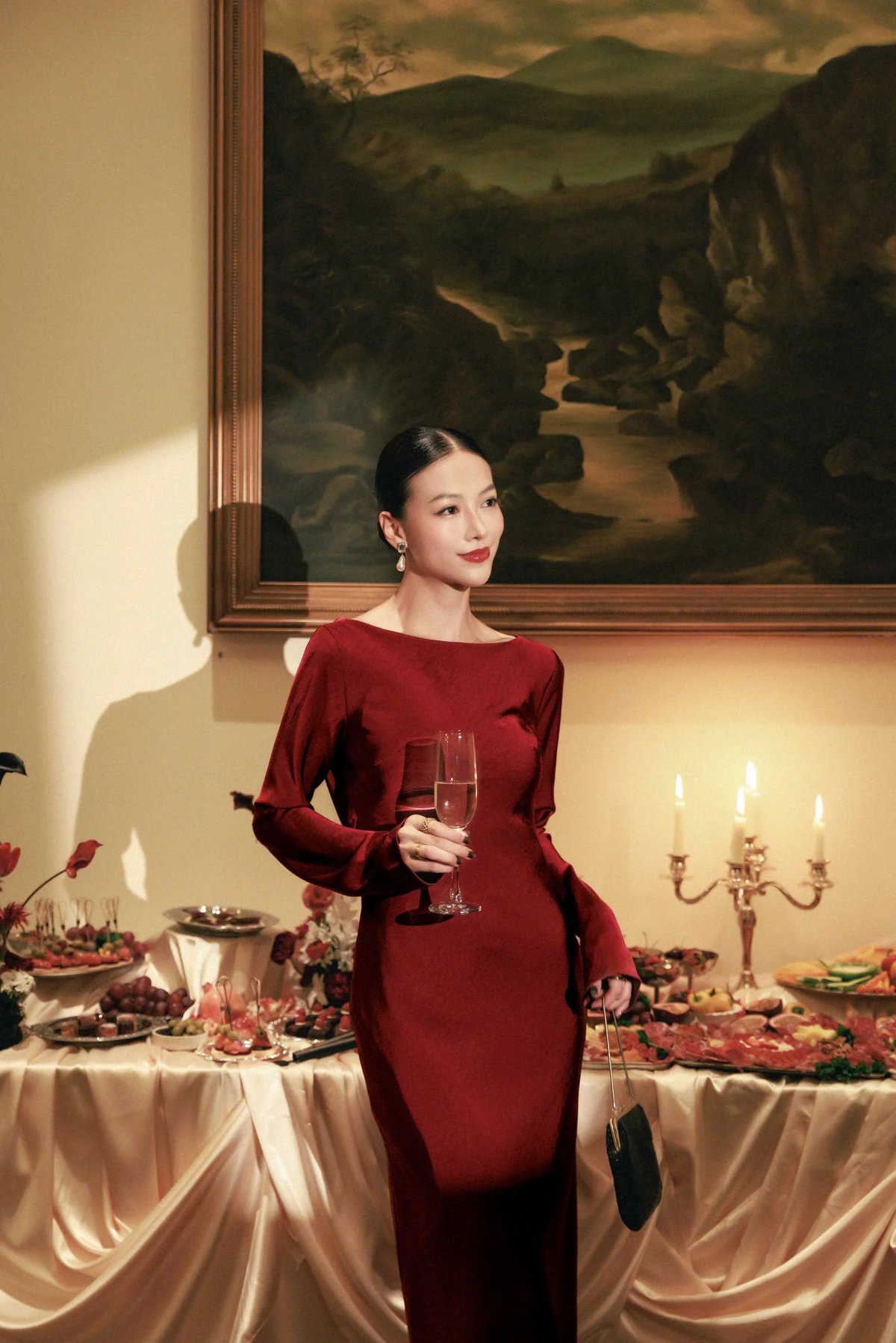 KISSERINE ROSENA Long Sleeve Silk Satin Open Back Dress