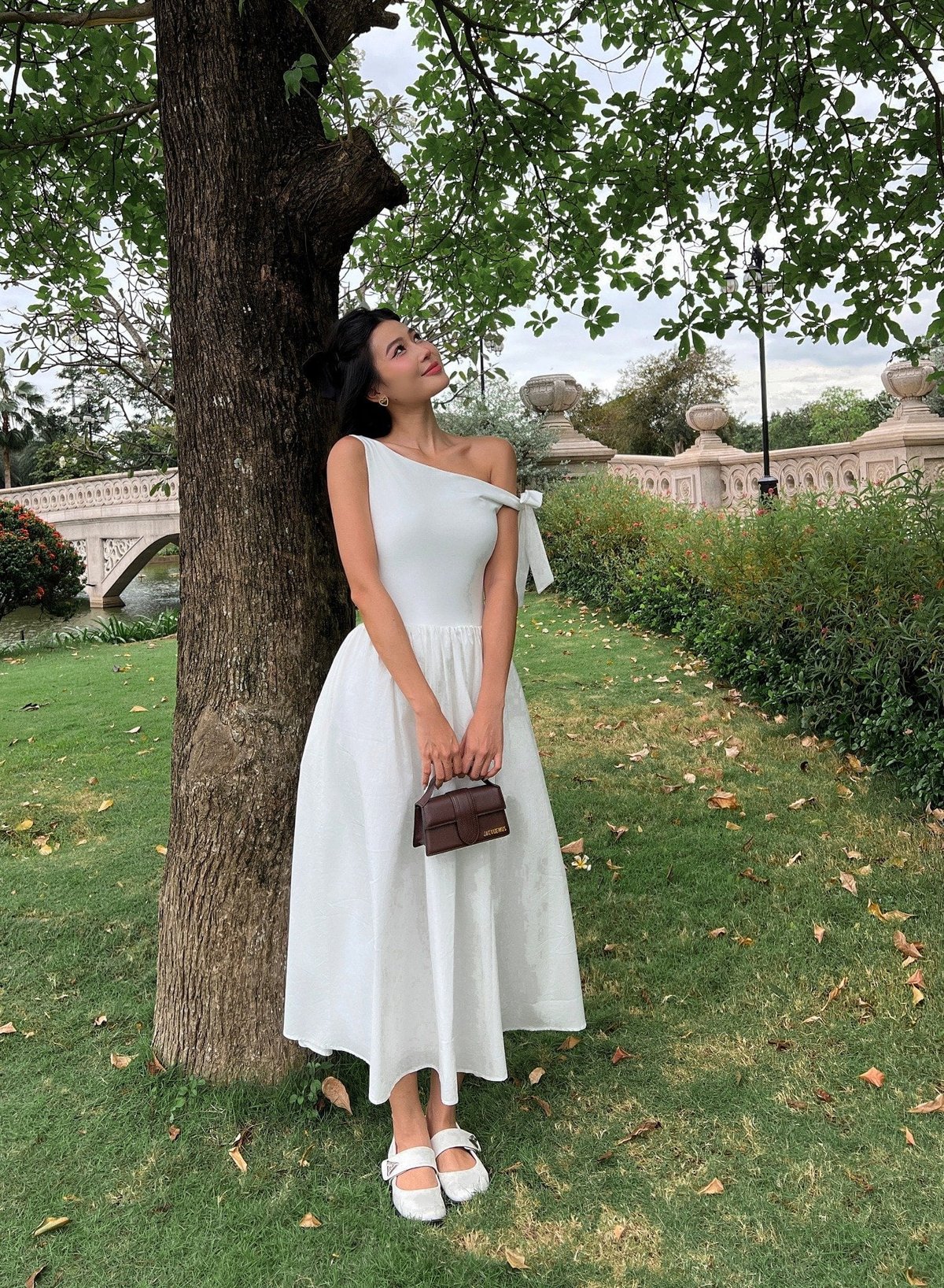 DOTTIE One-Shoulder Poplin Mix Midi Dress