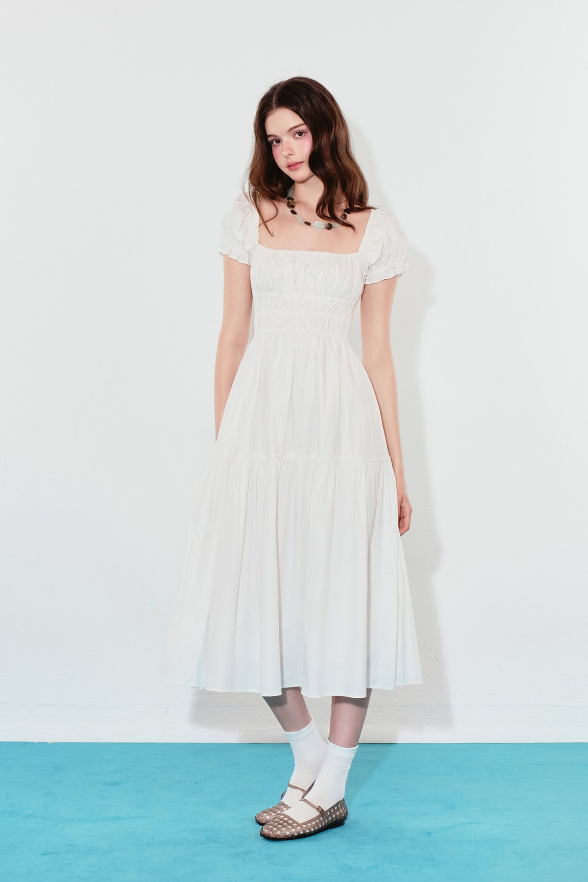 DOTTIE Puff Sleeve Ruched Bust Midi Dress - White - D0742
