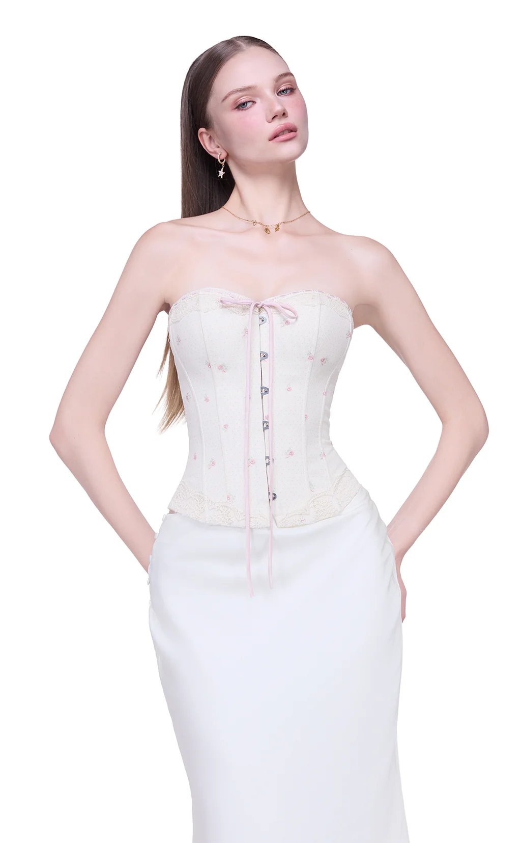 JUBIN Everly Floral Lace-Trim Corset Top