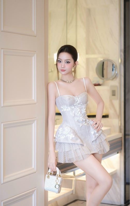 THAOBIBI Mesh Lace Mini Dress with Sequins and Floral Appliqué