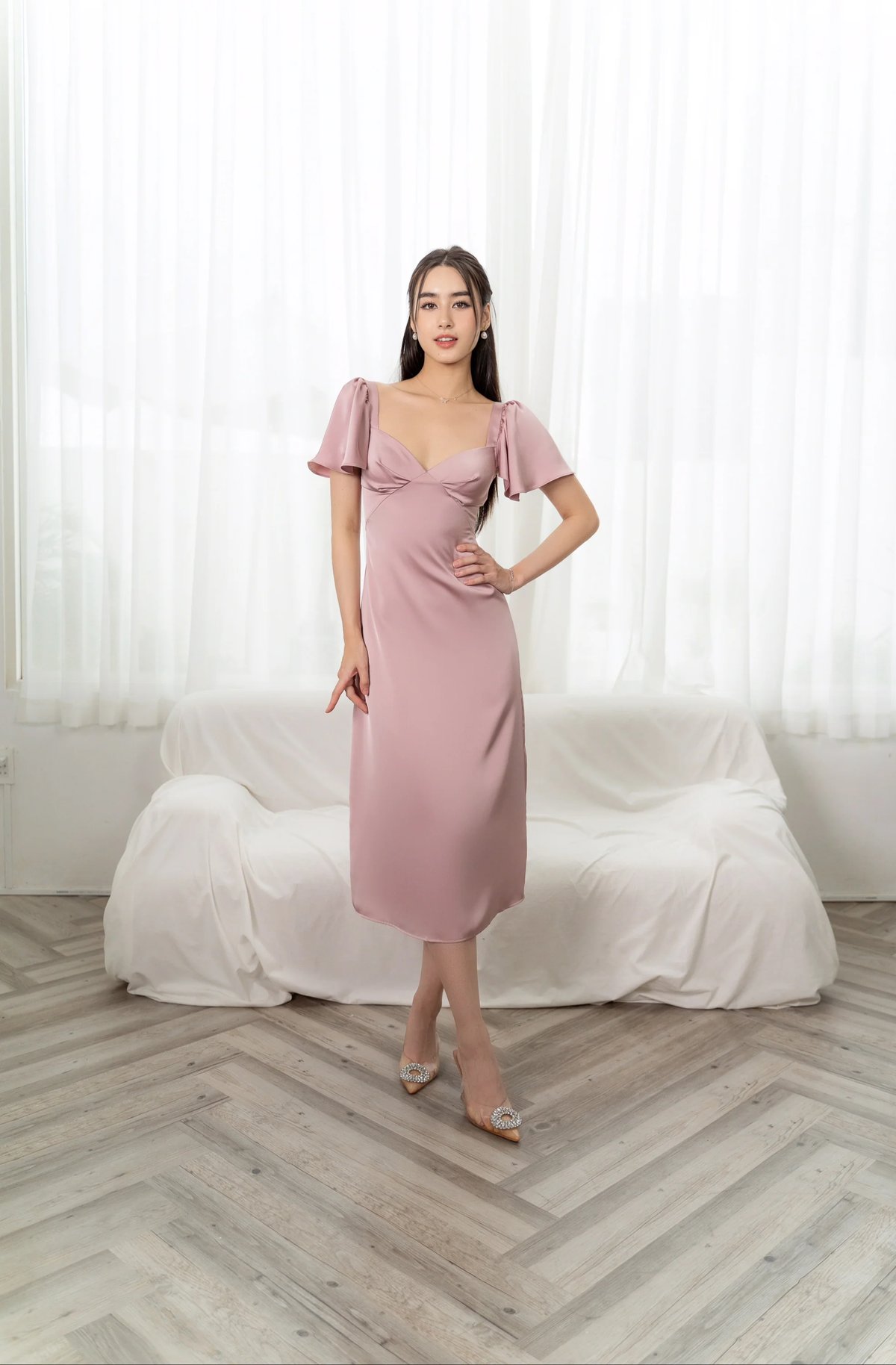 KISSERINE JUDY Satin Midi Dress with Fairy-Wing Sleeves