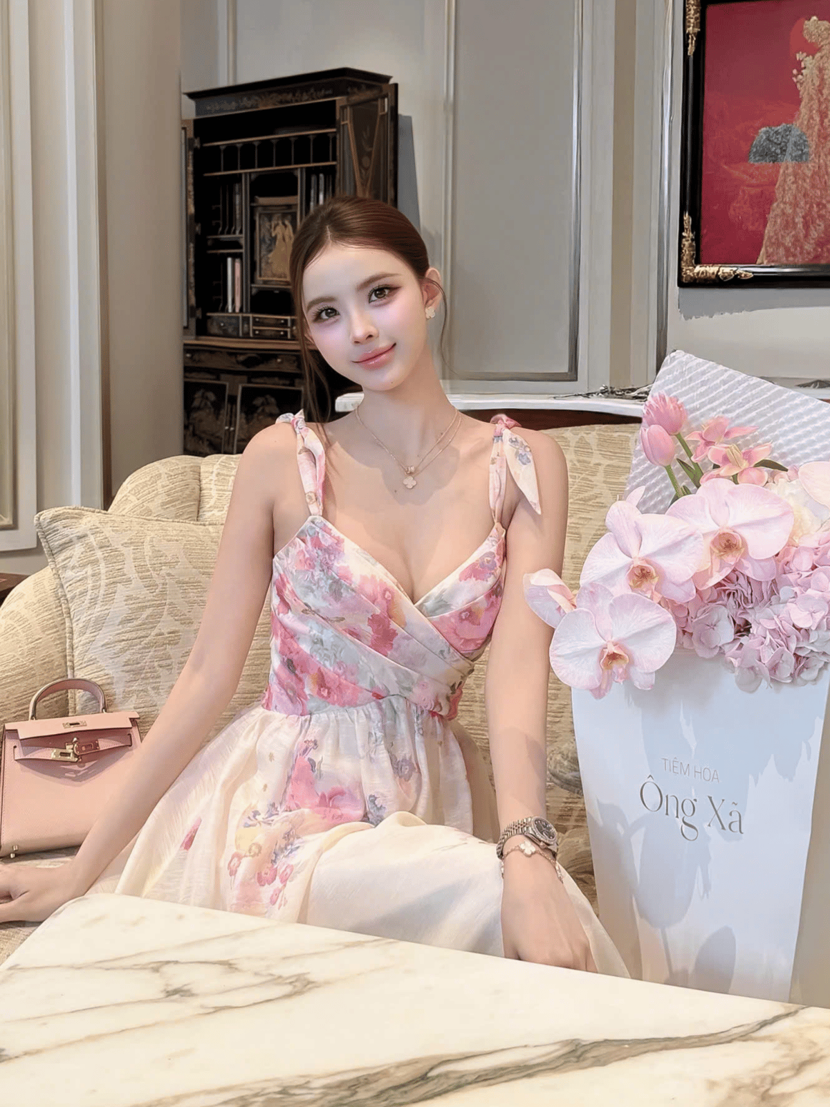 Tran Ali Floral Bow Shoulder Strap Dress