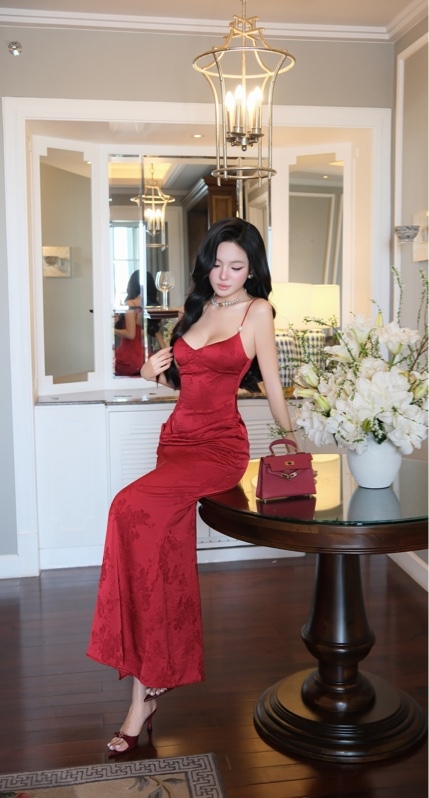THAOBIBI Silk Brocade Spaghetti Strap Maxi Dress