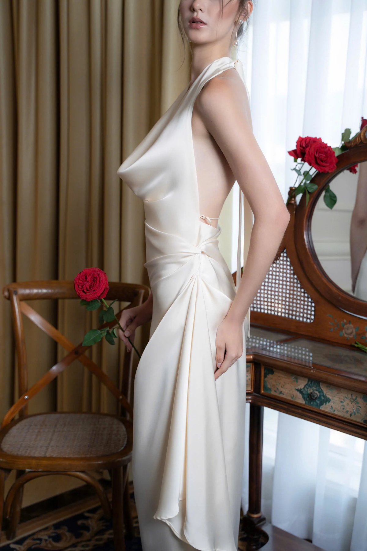 KISSERINE CYNTHIA Satin Halter Neck Asymmetric Dress