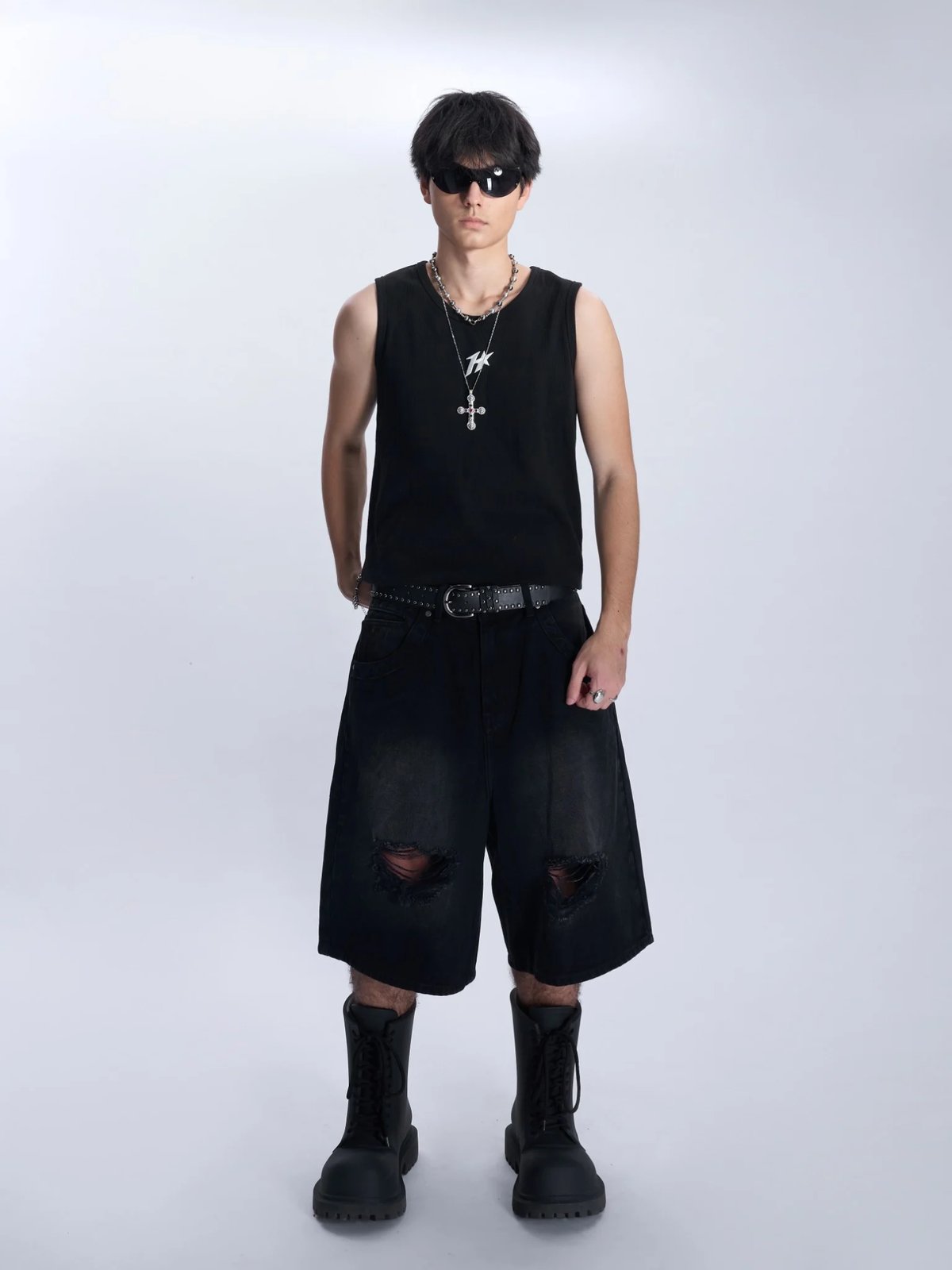 HADES Blackout Distress Wash Denim Shorts