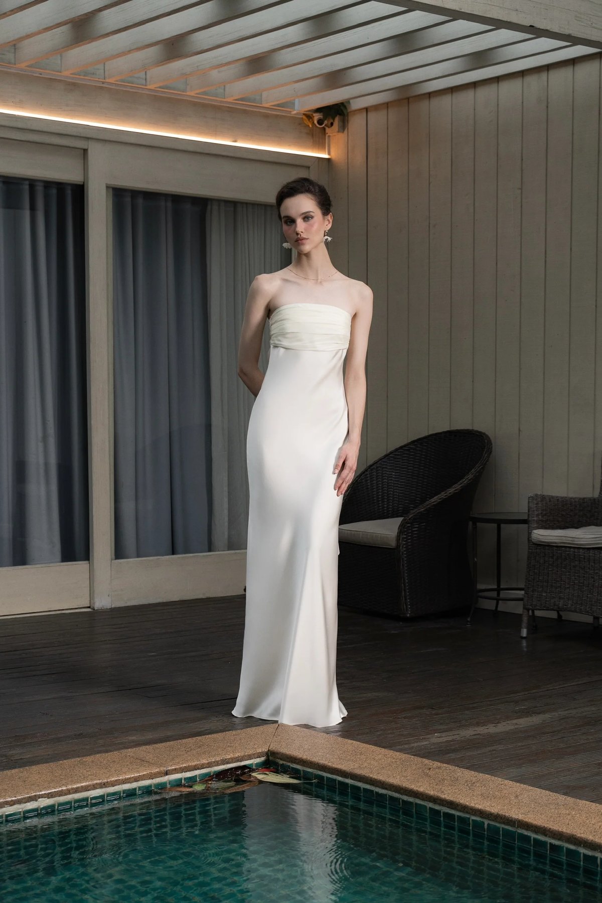 KISSERINE RACHEL Strapless Silk Satin Dress with Ruffles