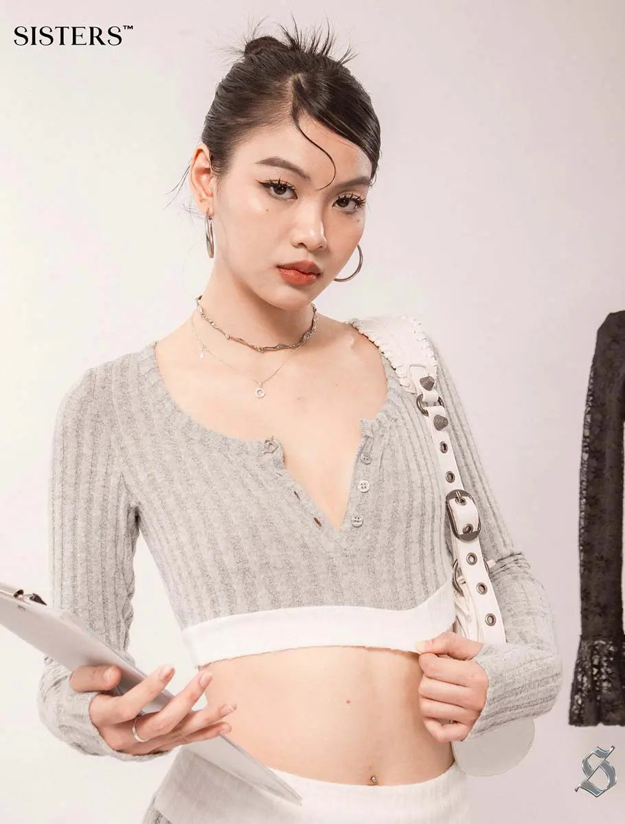 SISTERS Farley Ribbed Knit Two-Piece Set - Square Neck Long Sleeve Crop Top and Fold-over Shorts