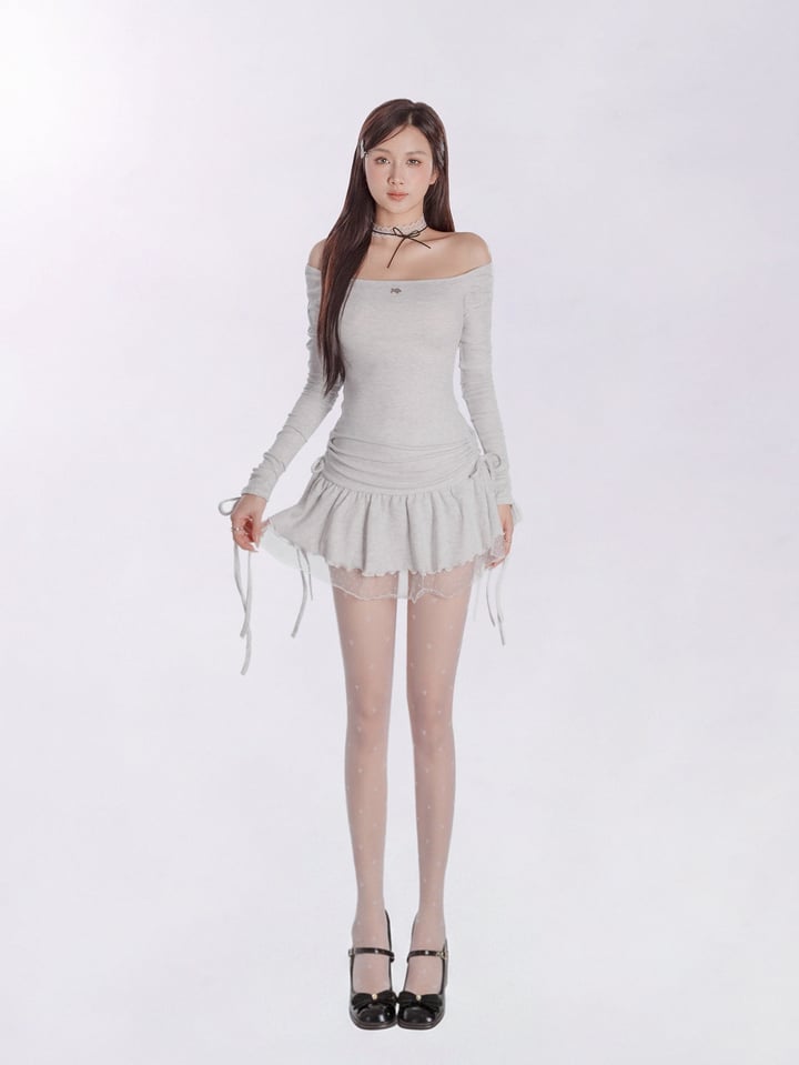 DKMV Liz Dress 灰白色 露肩荷葉邊蕾絲短裙