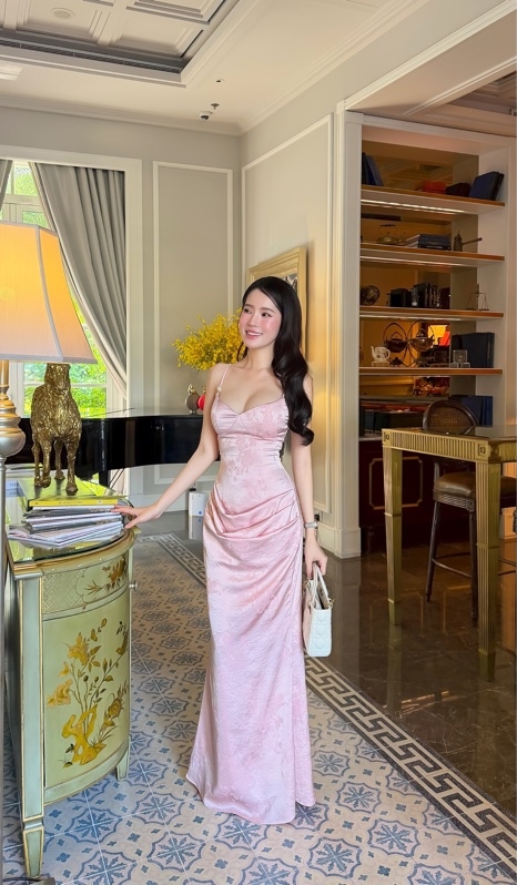 THAOBIBI Silk Brocade Spaghetti Strap Maxi Dress