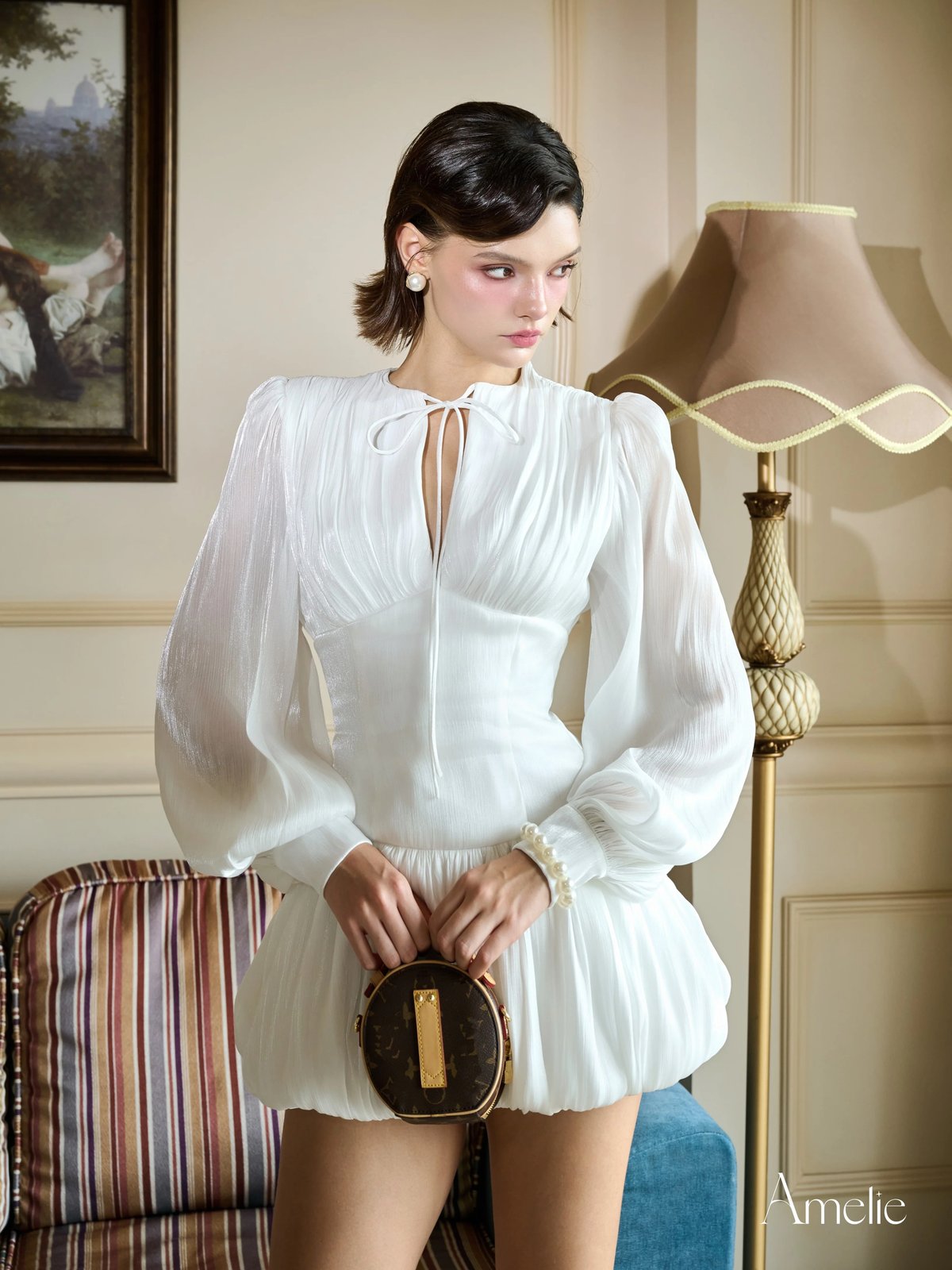 AMELIE ELLIS Long Sleeve Satin Mini Dress