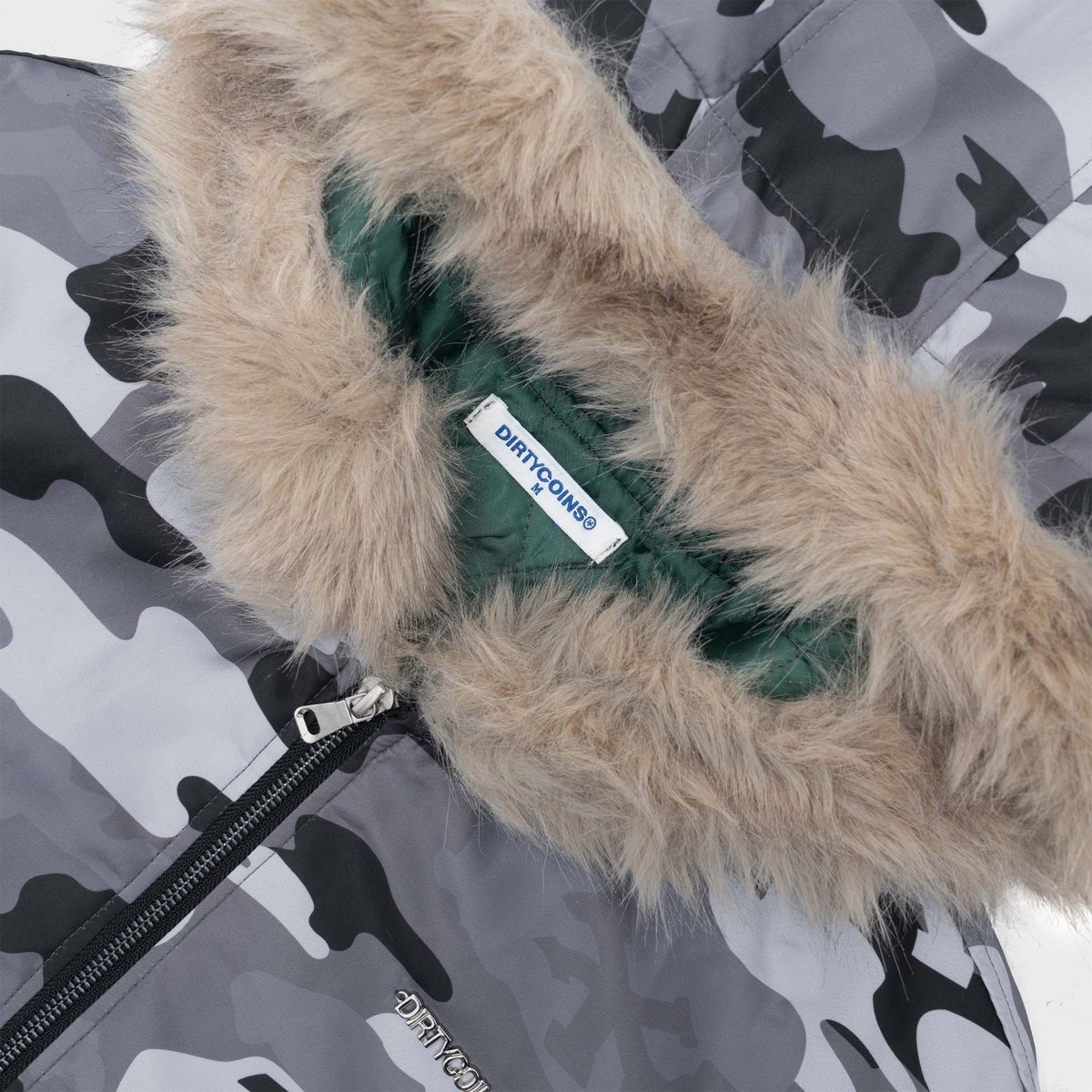 DIRTYCOINS DCxRS Camo Fur Hooded Bomber Jacket
