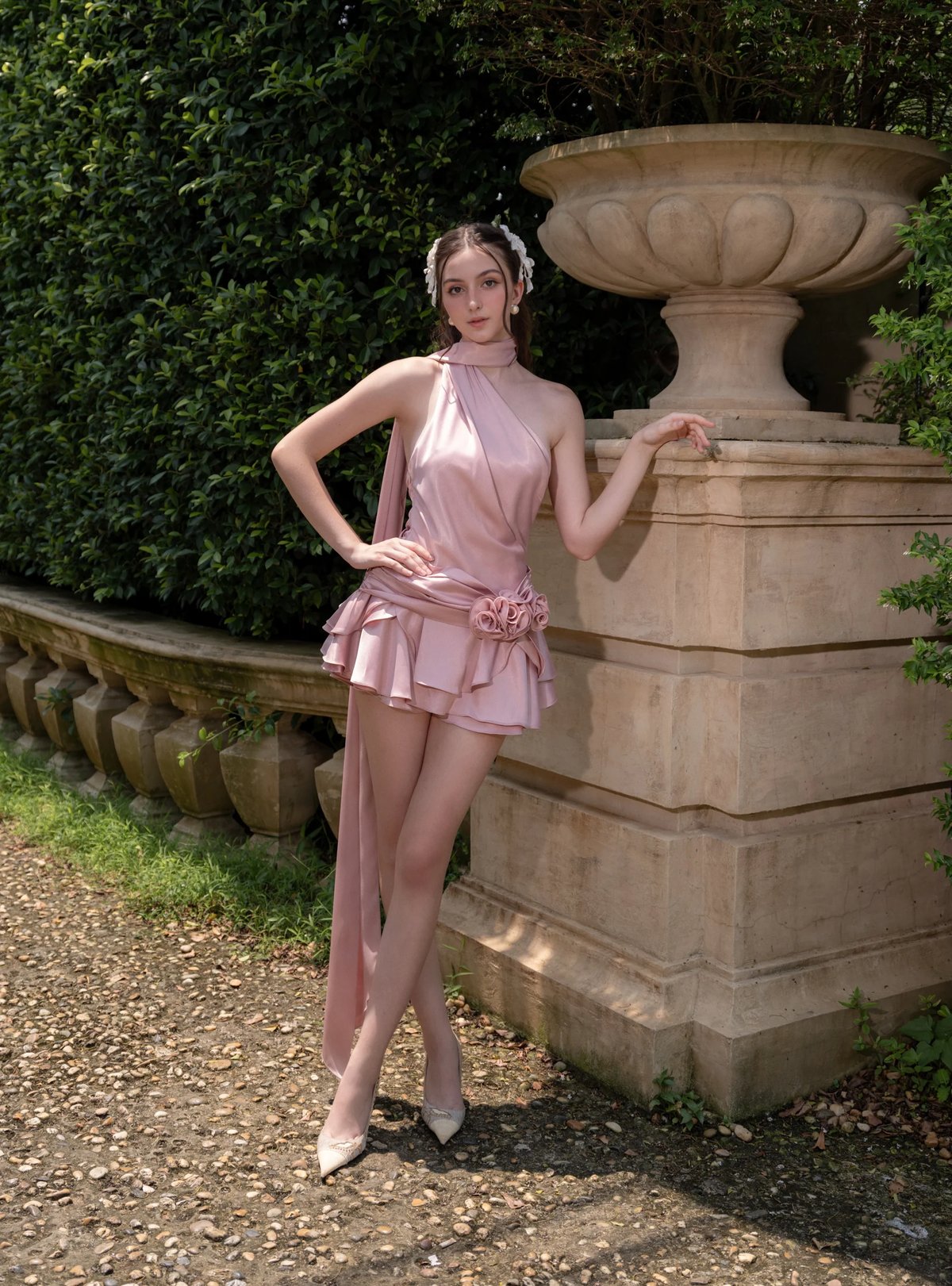 KISSERINE AIMEE 珍珠絲緞掛脖迷你連身裙