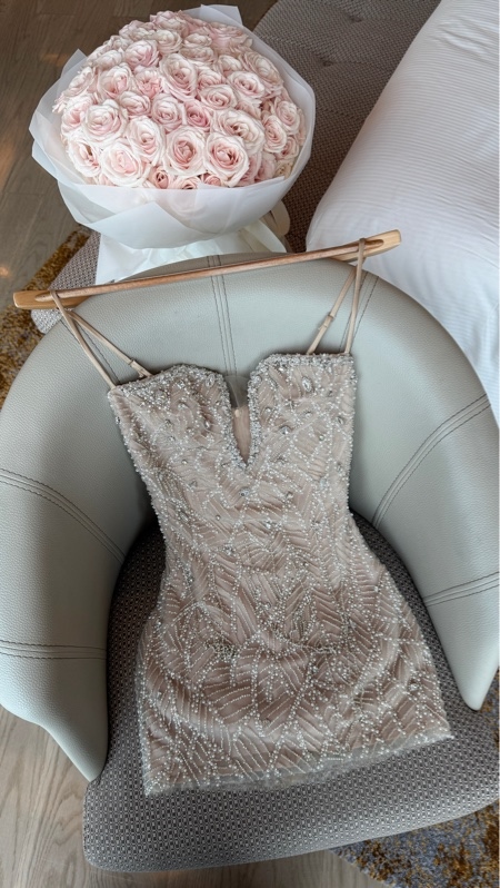 THAOBIBI Sequin Mesh V-Neck Spaghetti Strap Mini Dress with Stone Embellishments