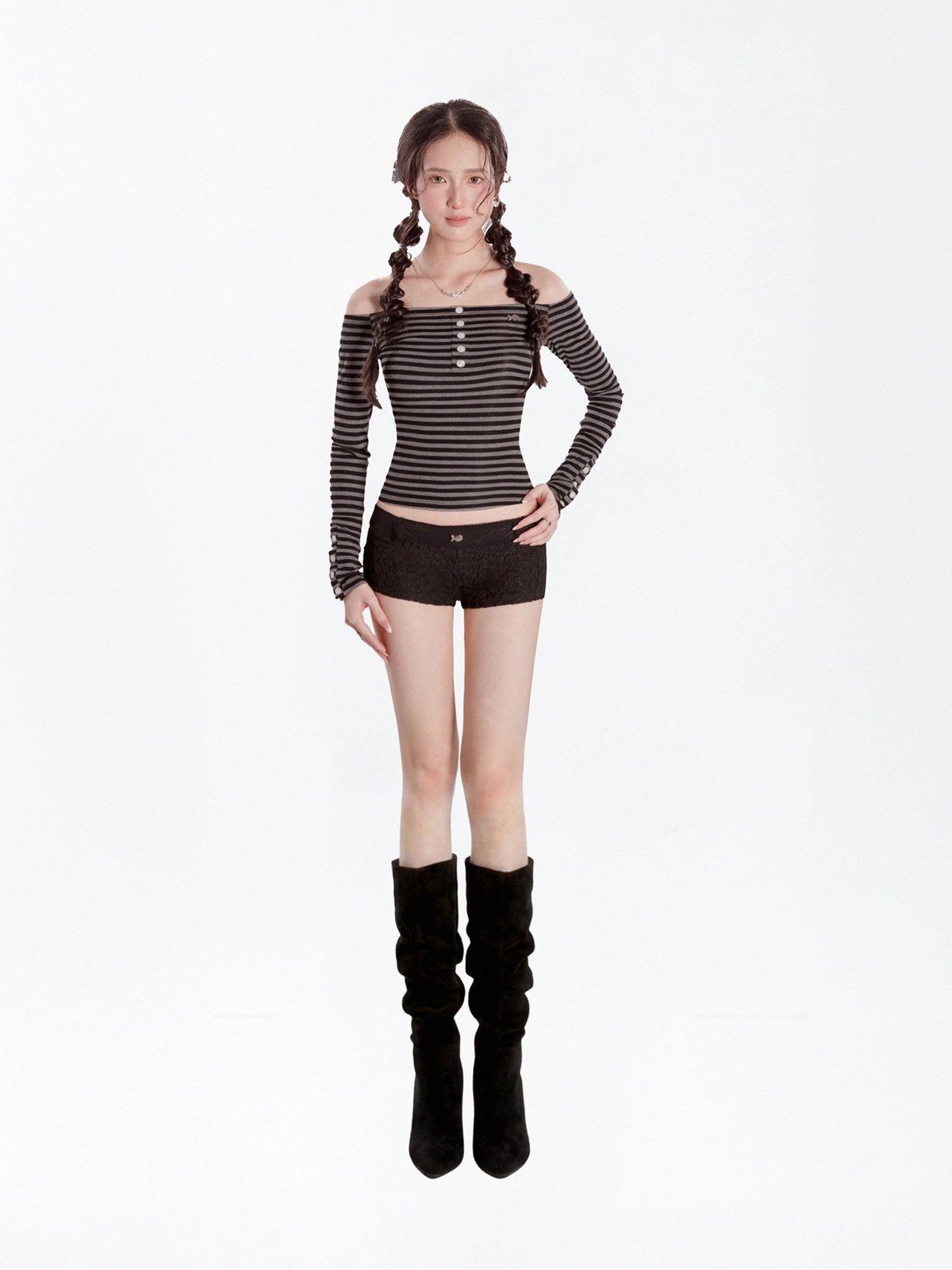 DKMV Blaire Off-Shoulder Striped Long Sleeve Top - Dark Grey