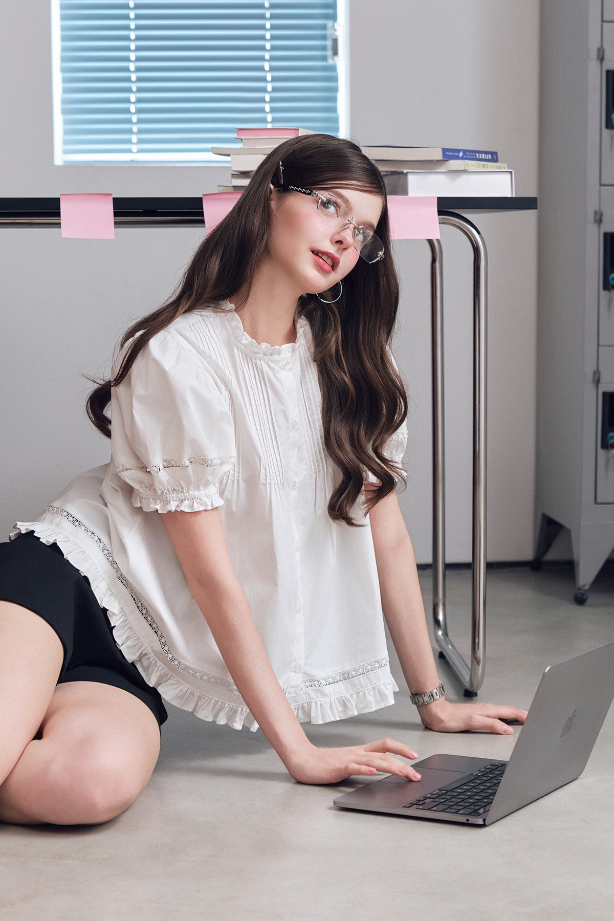 DOTTIE Puff Sleeve Pleated Blouse - White