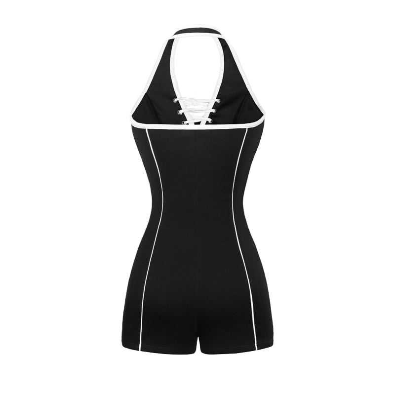 SISTERS Caridwen Halter Neck Lace-up Romper Black & White