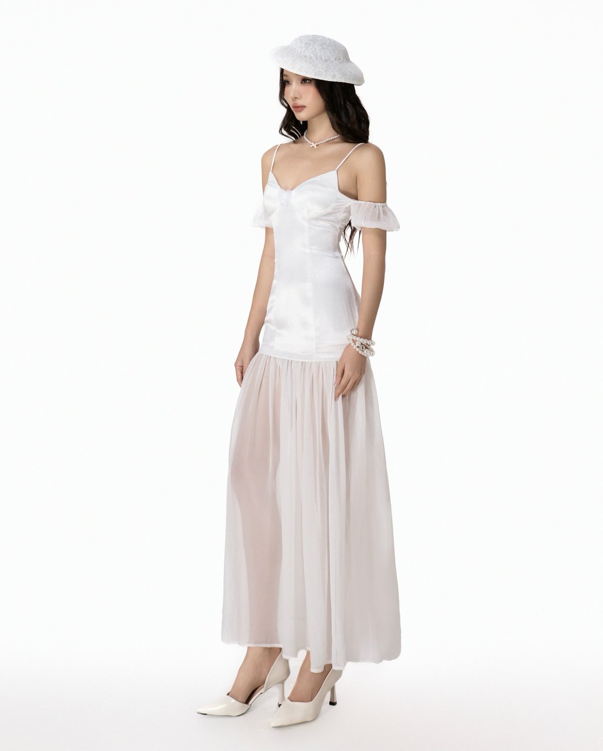Emilie Marnie Satin Bow Off-Shoulder Maxi Dress