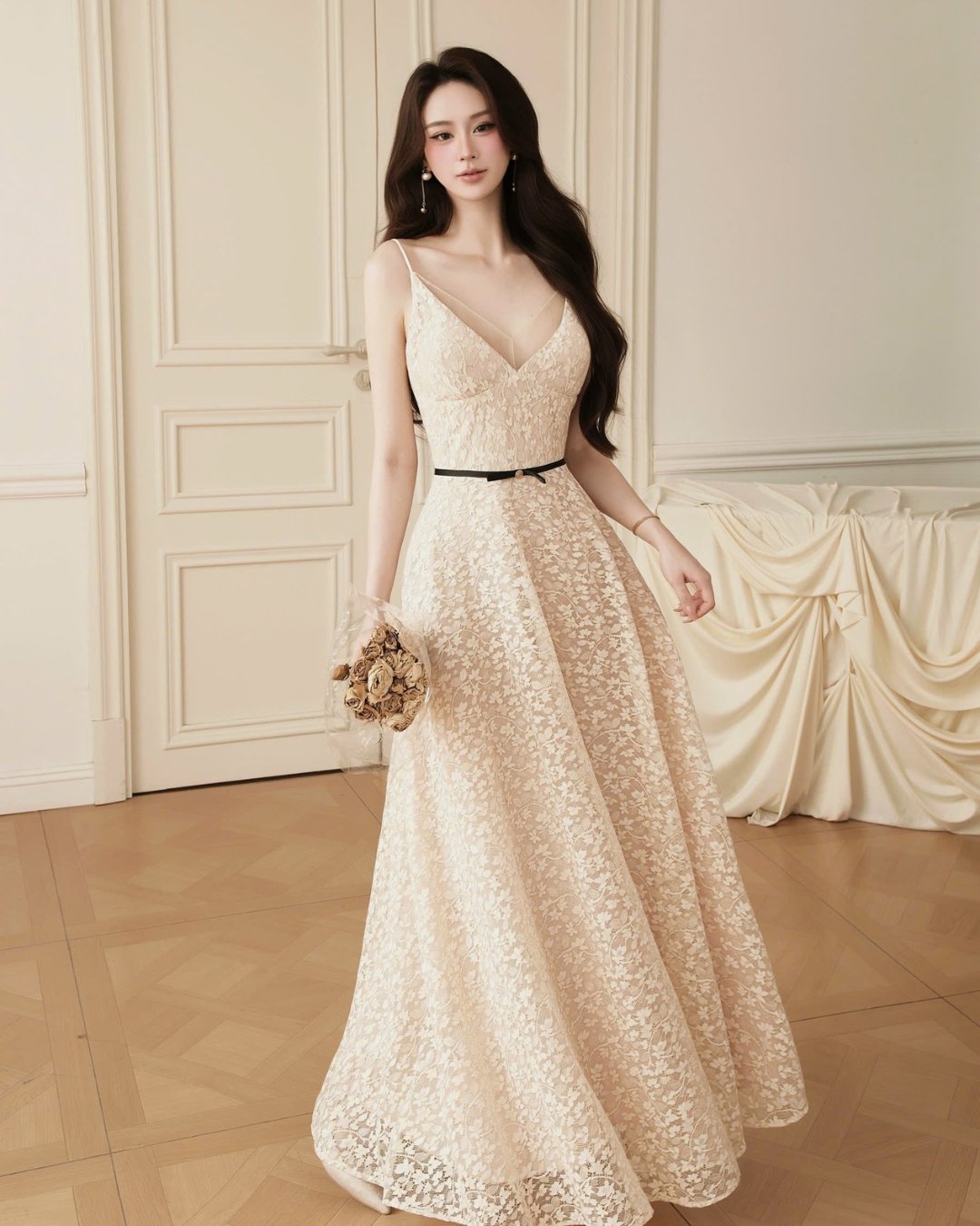 HIU Helen Dress 高級蕾絲胸墊禮服 優雅中長款晚宴裙