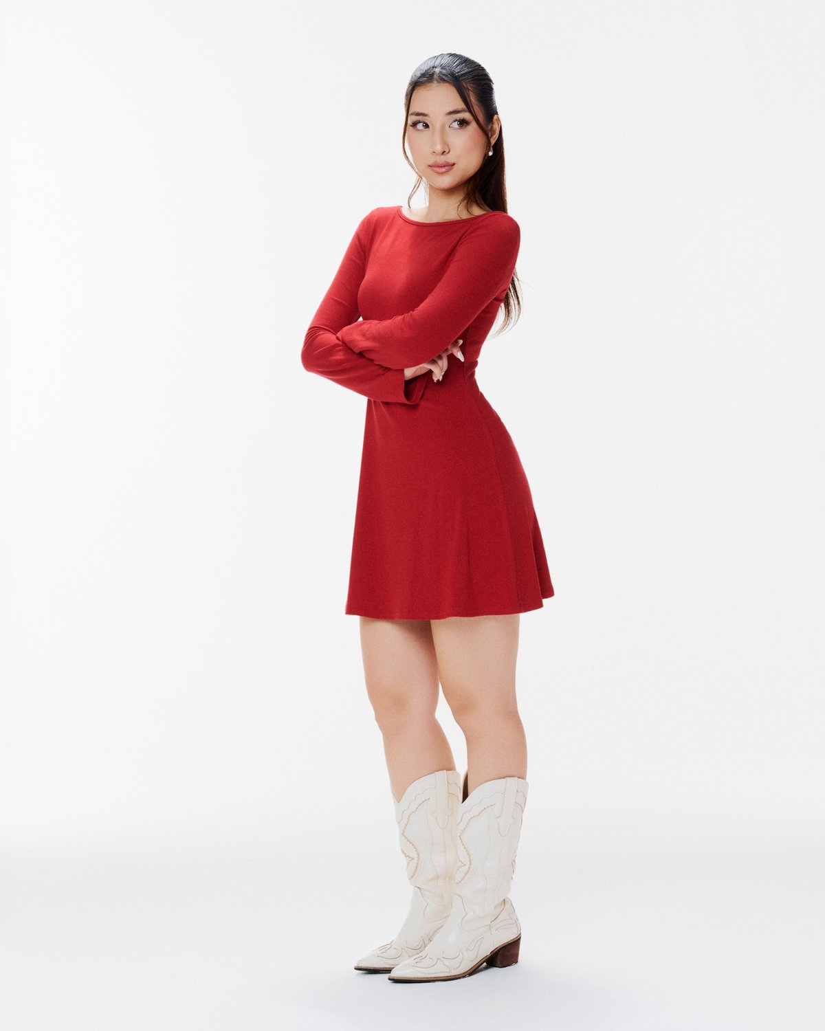 DOTTIE Macie Boat Neck Long Sleeve Mini Dress