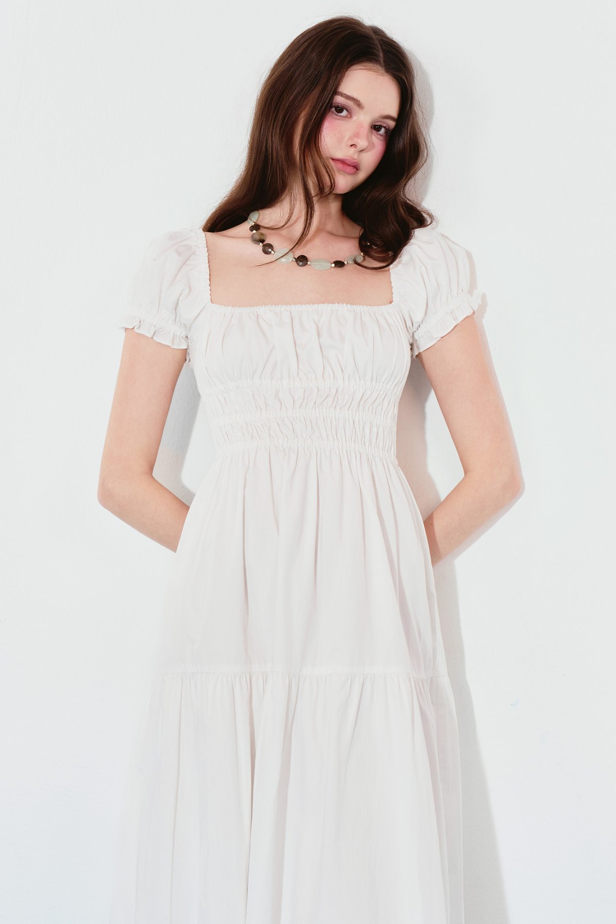 DOTTIE Puff Sleeve Ruched Bust Midi Dress - White - D0742