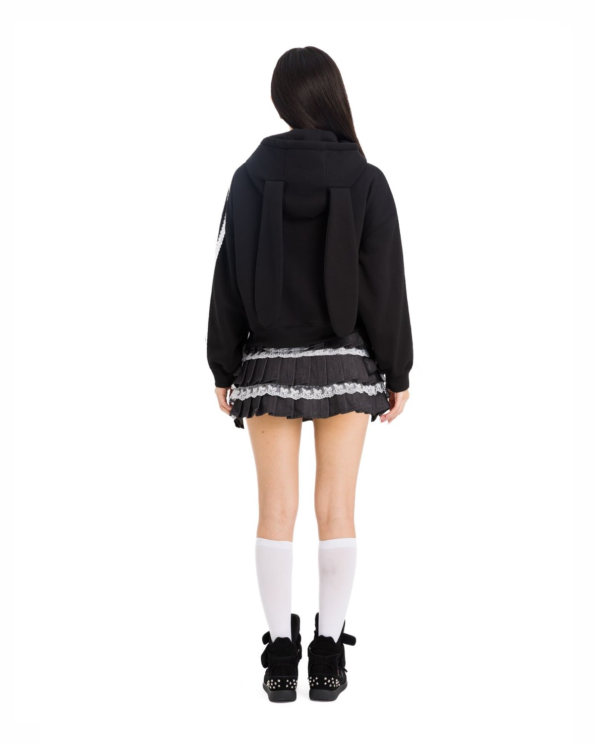 BAD RABBIT Noir Rabbit Tiered Mini Skirt with 3D Embroidery and Lace