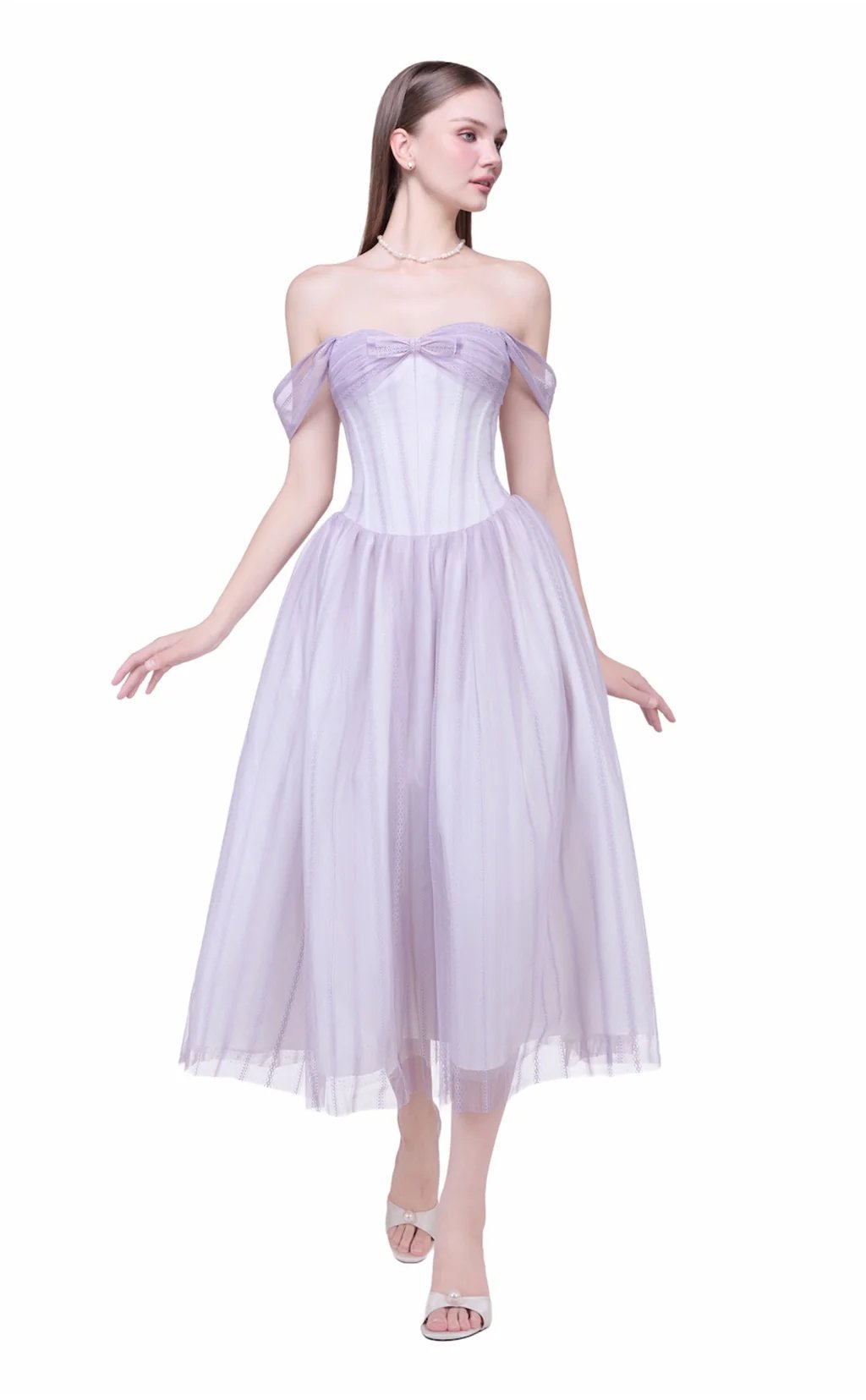 JUBIN Harriet Balletcore Romantic Square Neck Pleated Chiffon Midi Dress