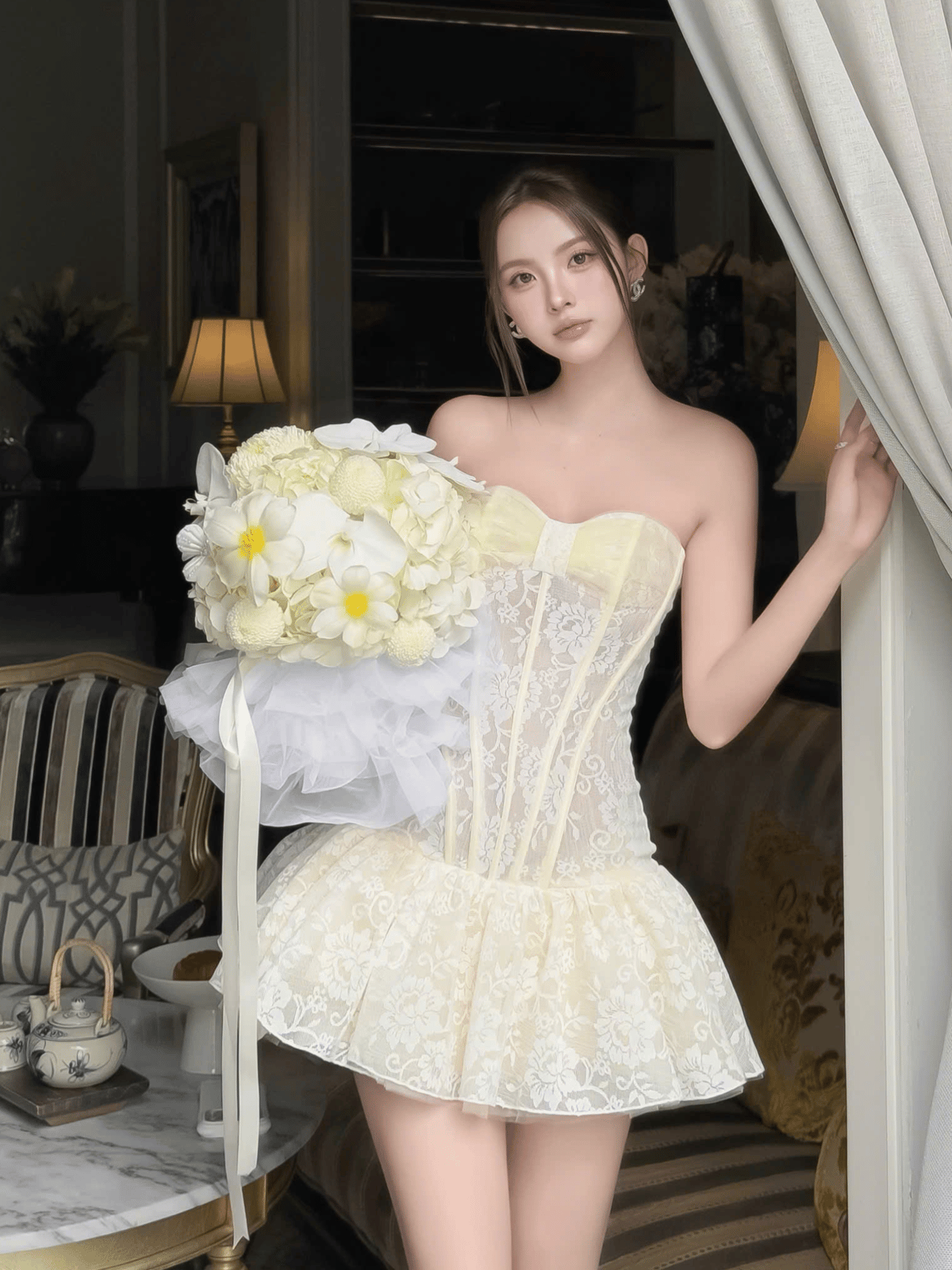 Tran Ali Floral Lace Strapless Mini Dress with Chest Bow