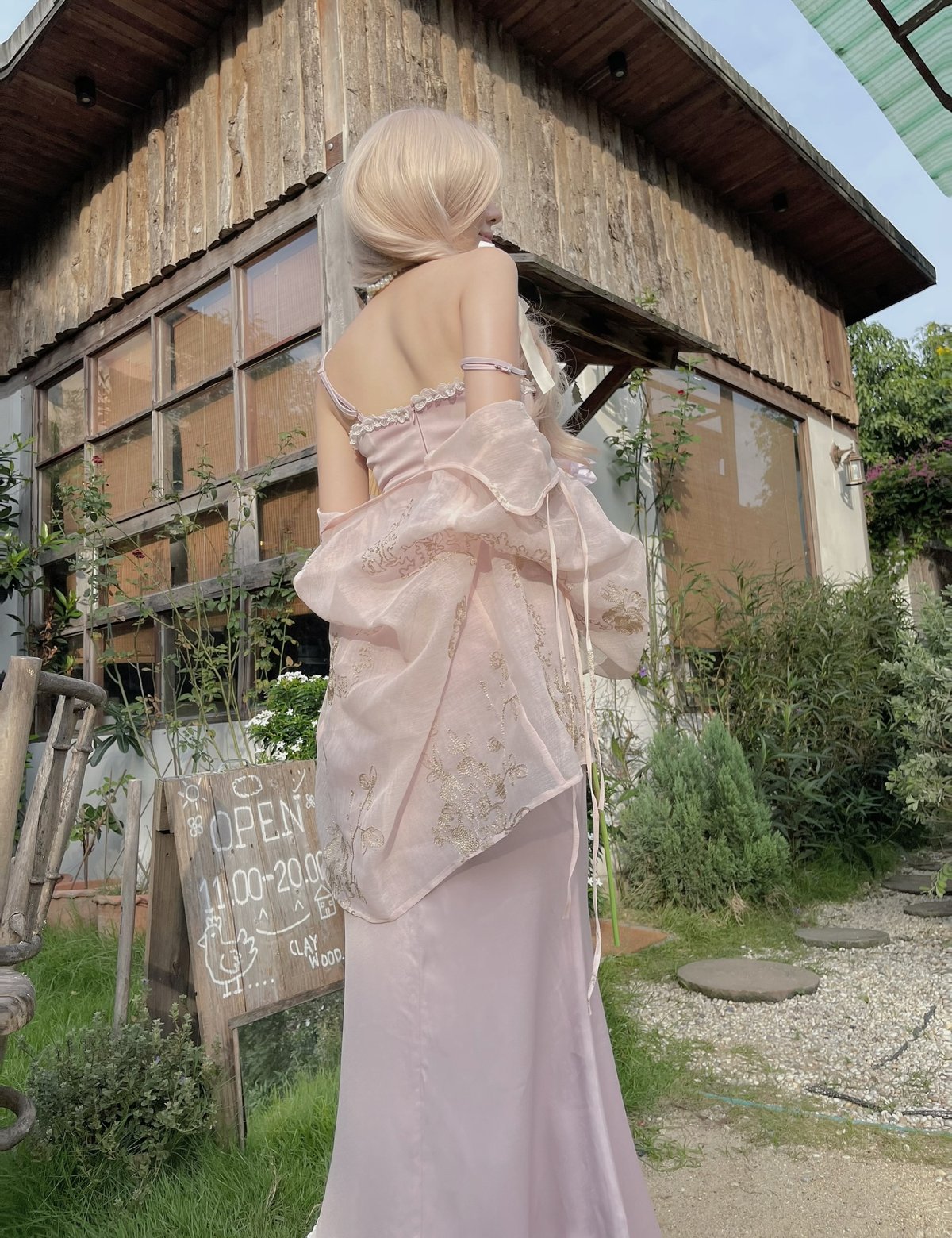 Bandarsaya Lilia Traditional Set - Mauve Pink Mermaid Dress & Peach Embroidered Jacket