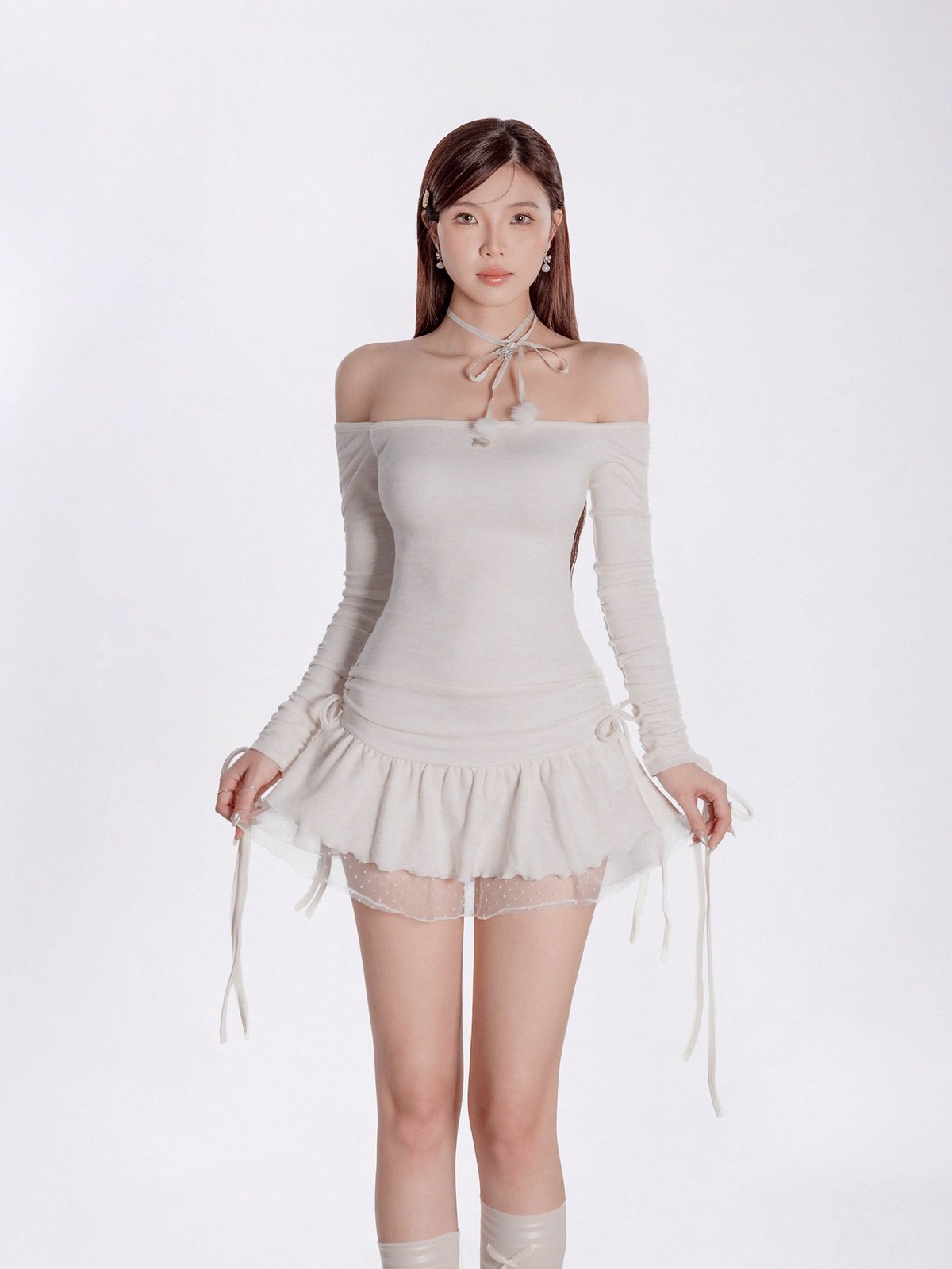 DKMV Liz Dress 露肩層次蕾絲連身裙 - 米白色