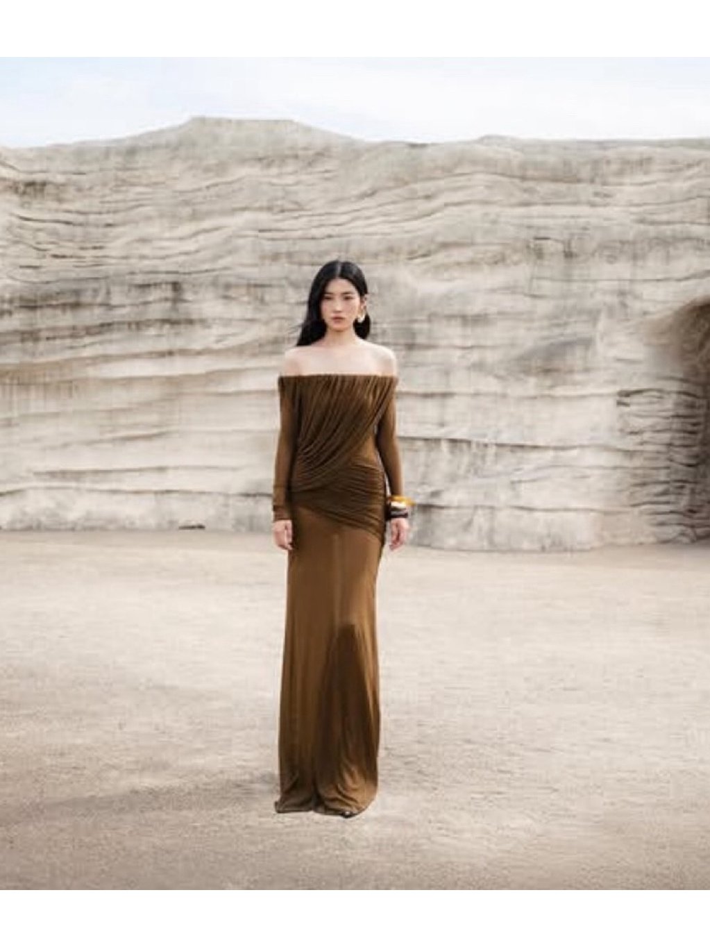 Mollynista Brown Off-Shoulder Draped Mesh Dress