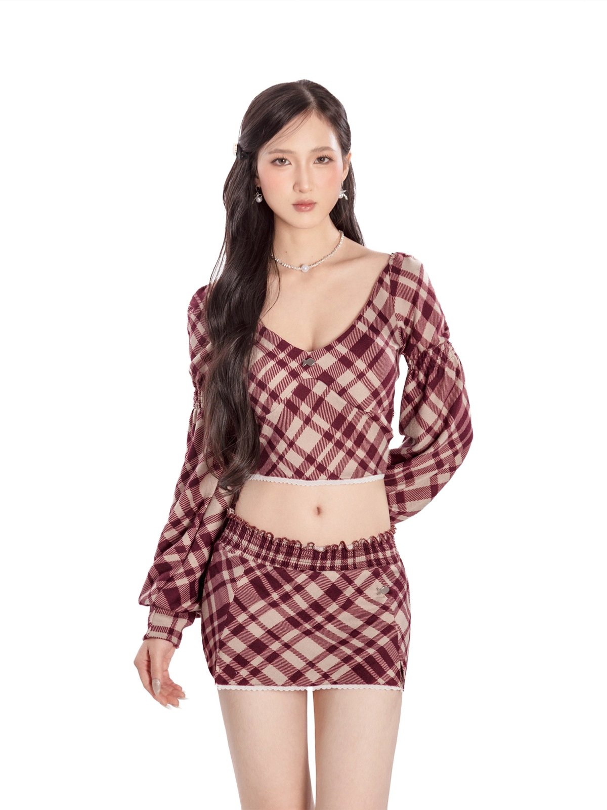 DKMV Rhodes Set Red Plaid Long Sleeve Puff Top and Mini Skirt with Lace Trim