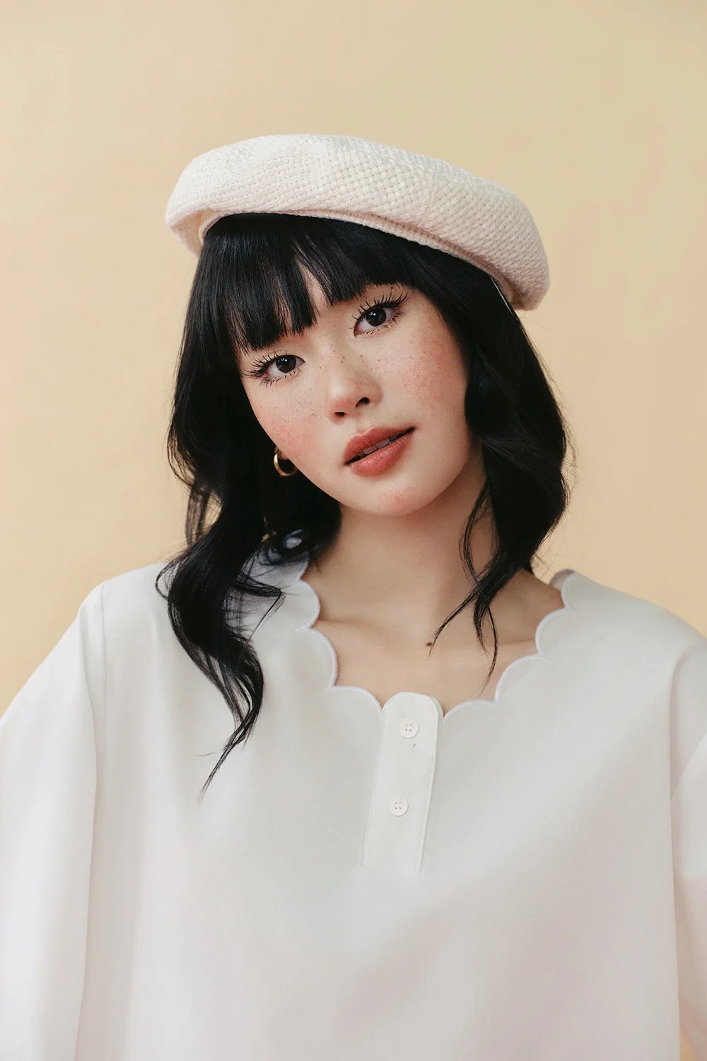 DOTTIE Scallop Neck Long Sleeve Blouse - White