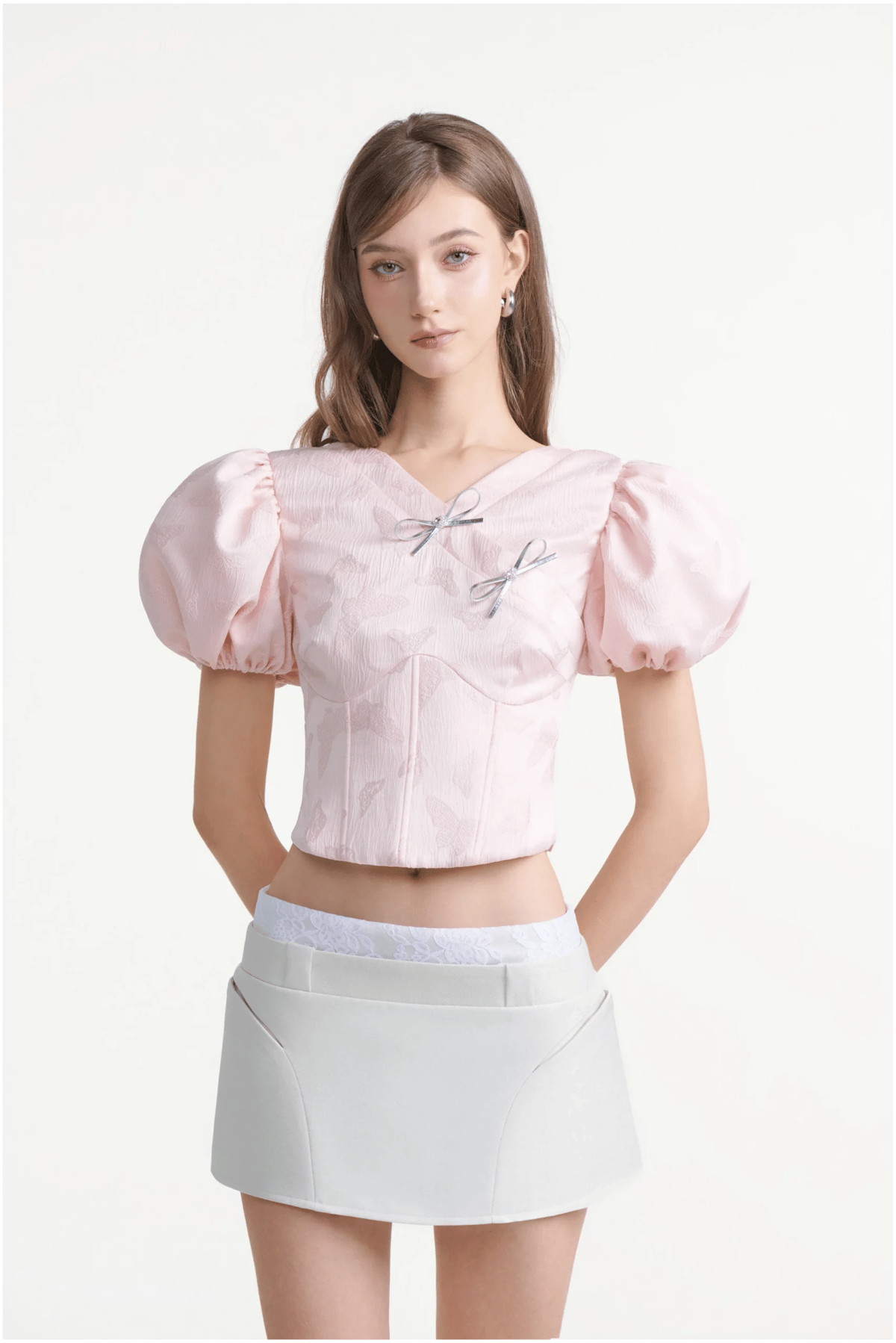 DEAR JOSÉ Nabi Puff Sleeve Top in Pink Brocade