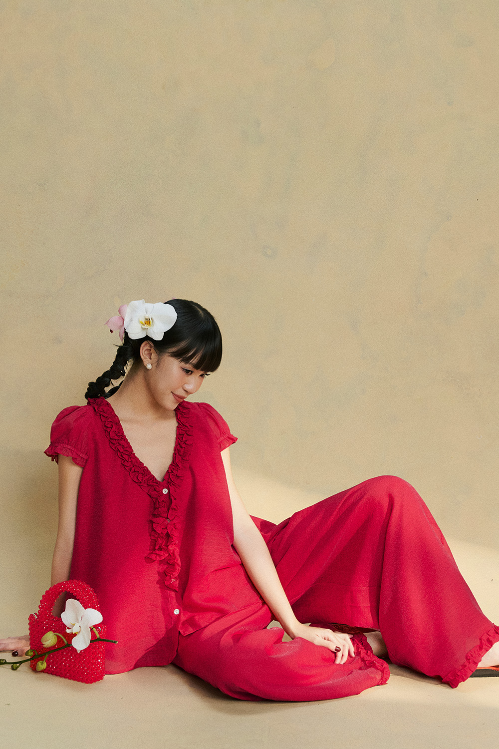 DOTTIE Heart Neckline Ruffle Trim Top - T1178