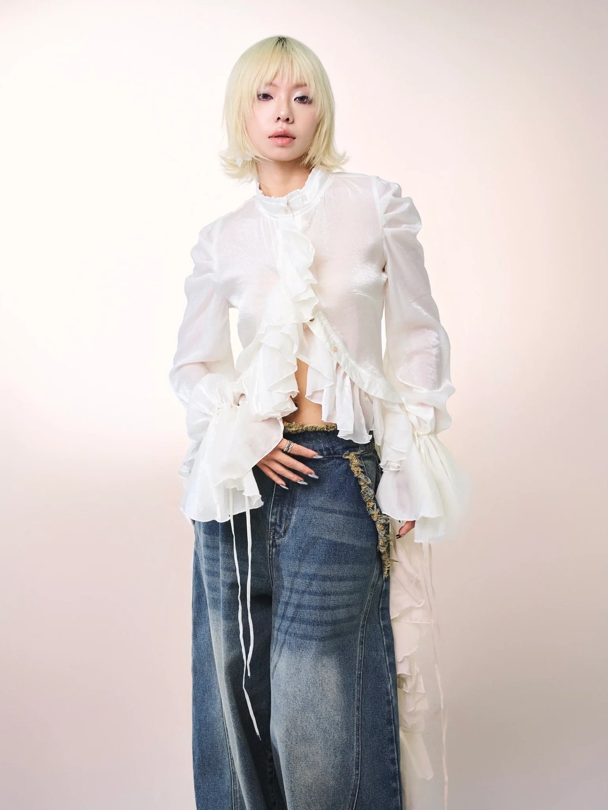OCEAN JEANS Wide-Leg Distressed Denim Pants