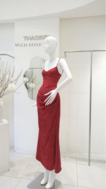 THAOBIBI Silk Brocade Spaghetti Strap Maxi Dress