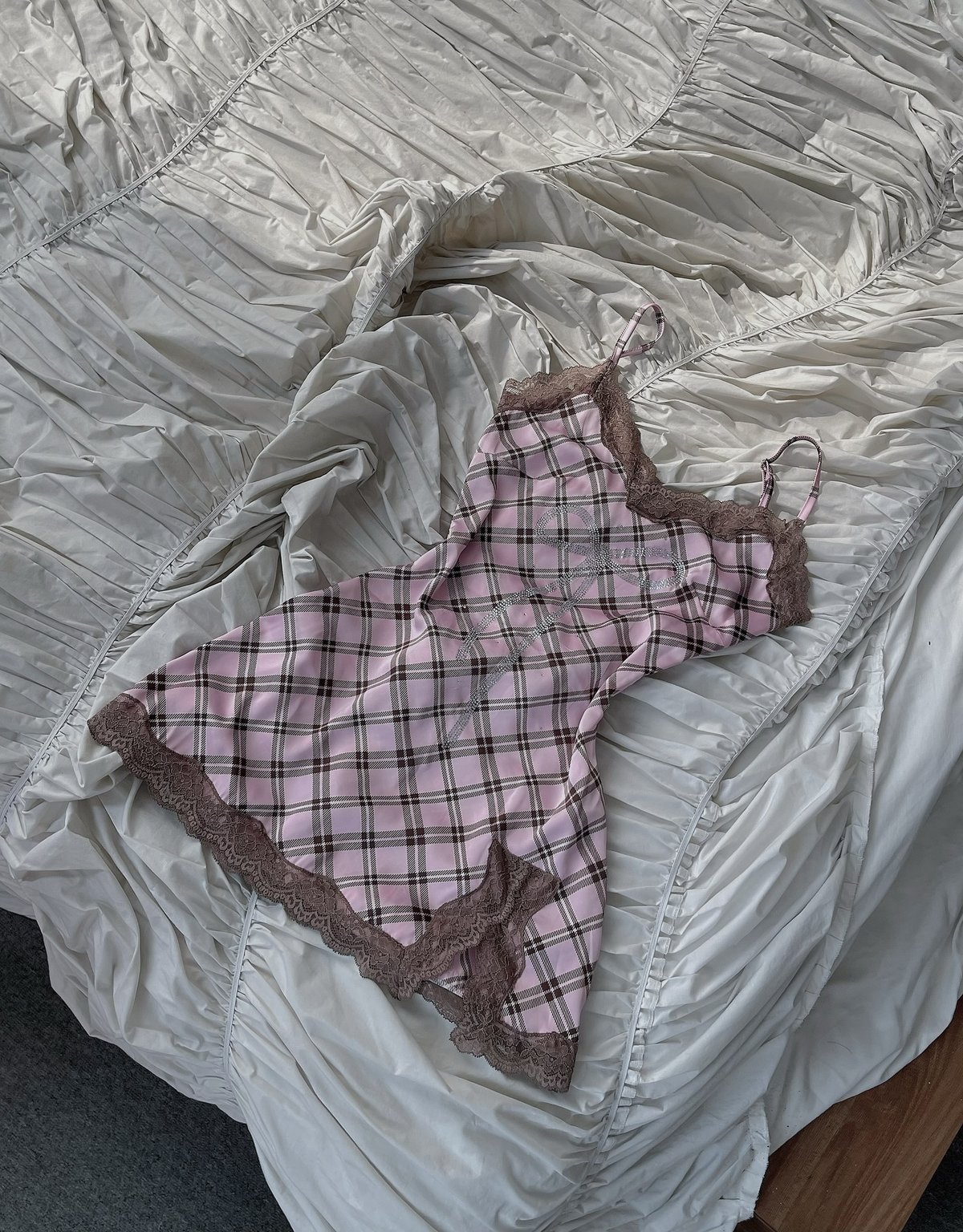 Bandarsaya Regina Checkered Lace Dress Pink x Brown