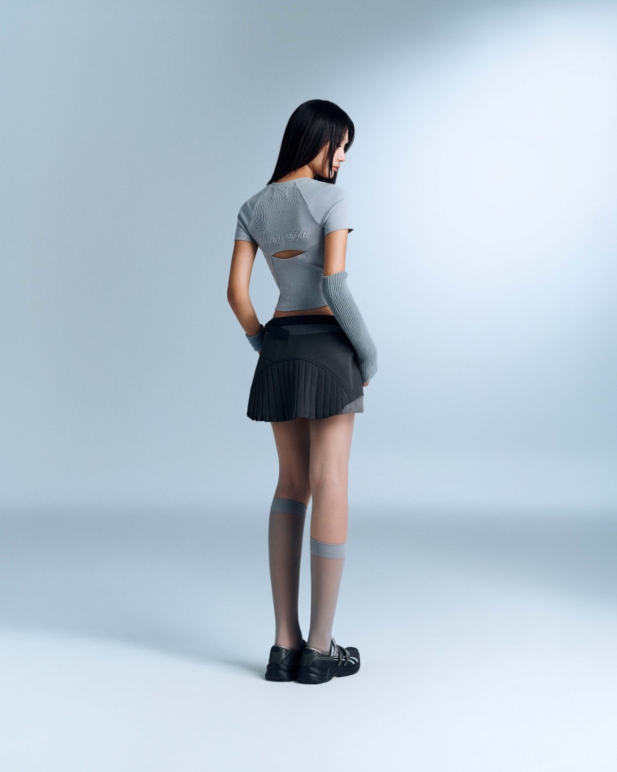 Bunnyhill PERSEA Panelled T-shirt with Embroidery and Back Cut-out (Blue Grey)