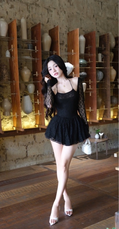 THAOBIBI Long Sleeve Lace Camisole Dress