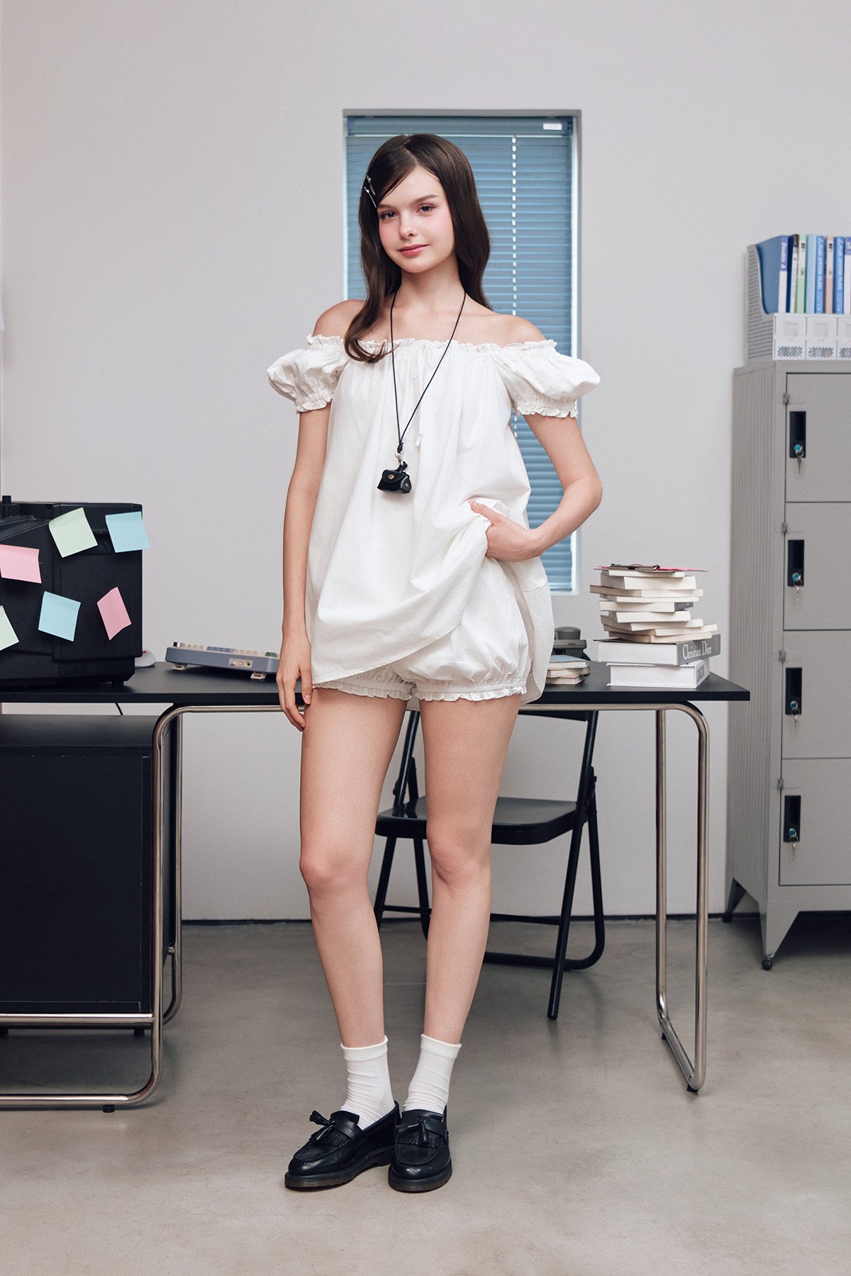 DOTTIE Puff Sleeve Bow Detail Dress - White - D0744