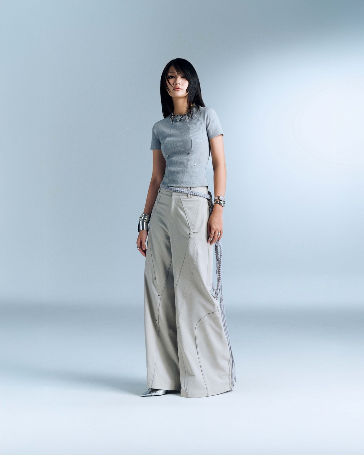 Bunnyhill PERSEA Panelled T-shirt with Embroidery and Back Cut-out (Blue Grey)