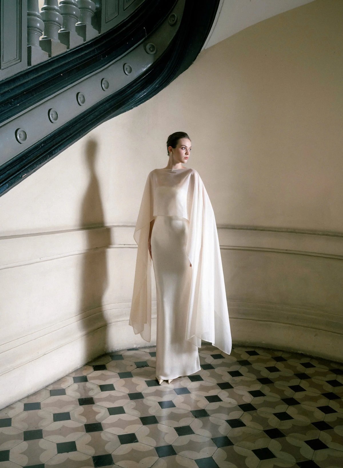 KISSERINE KRIXIE Dress - Strapless Silk Gown with Sheer Organza Cape