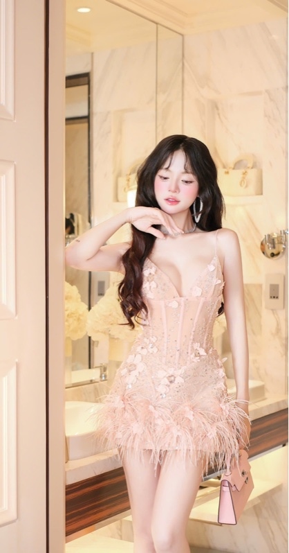 THAOBIBI Feather Trim Spaghetti Strap Mini Dress