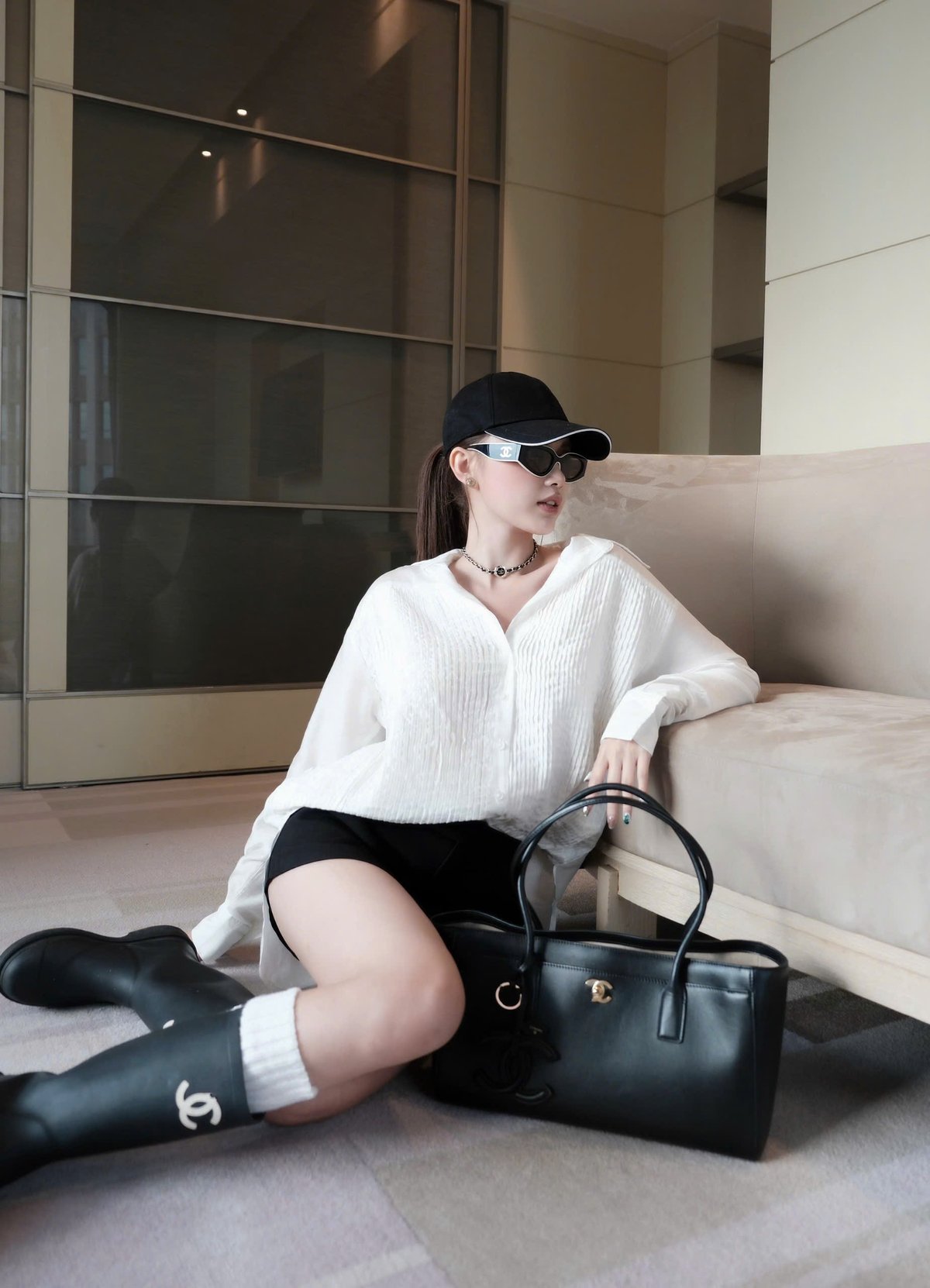 CHOU CHOU Pleated Shirt and High-Waisted Shorts Set