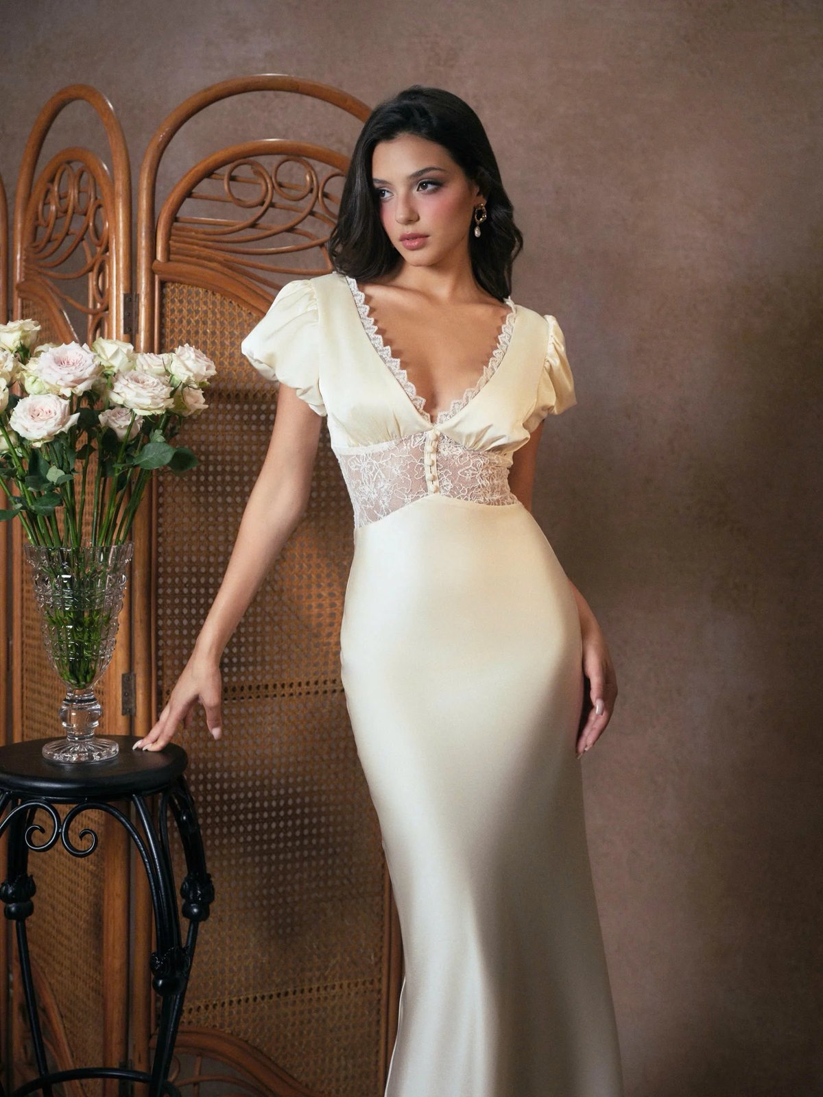 KISSERINE MARIAM DRESS Lace Puff Sleeve Satin Maxi Dress